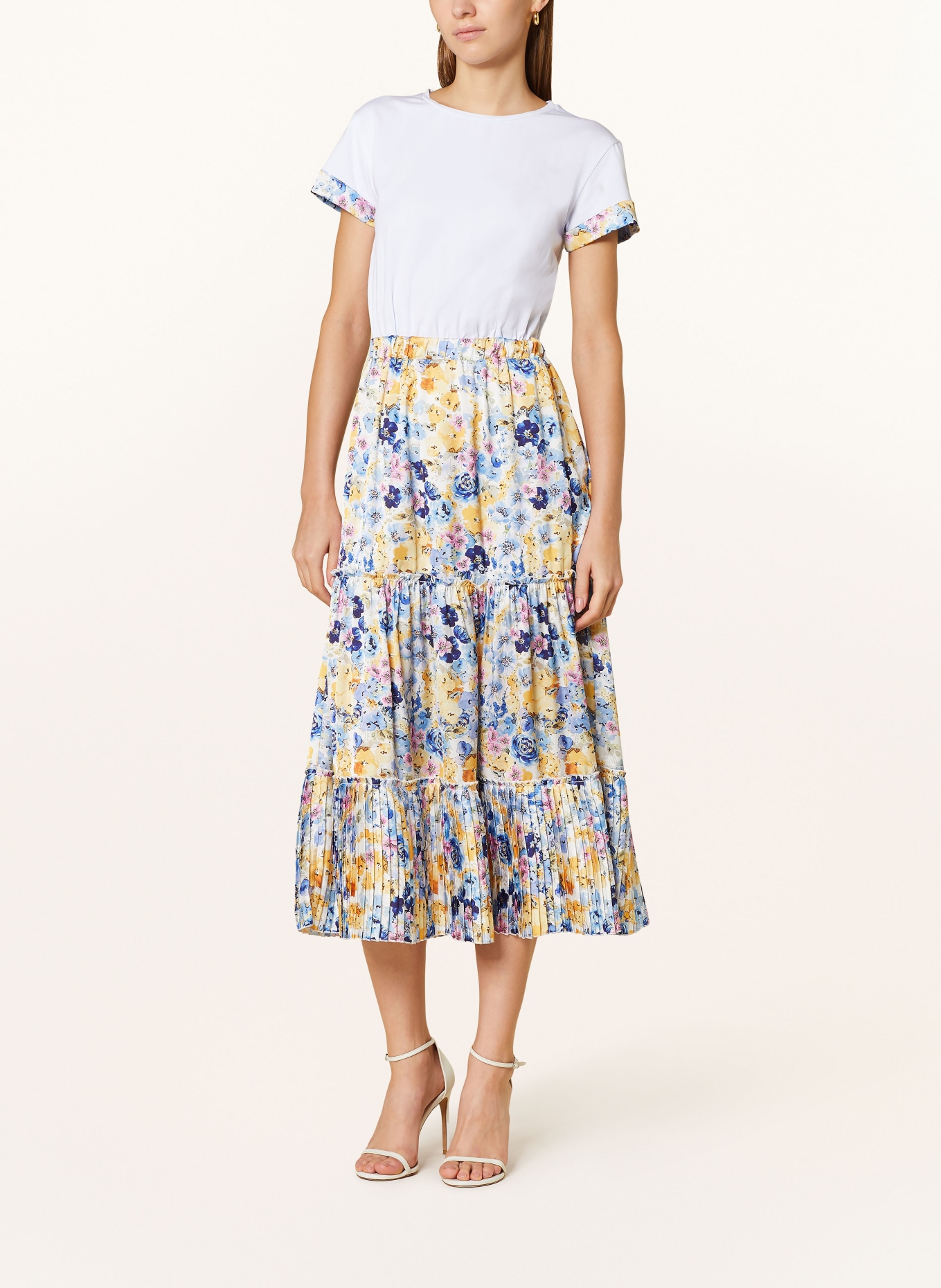 LIU JO Dress in mixed materials with pleats and frills, Color: WHITE/ YELLOW/ BLUE (Image 2)