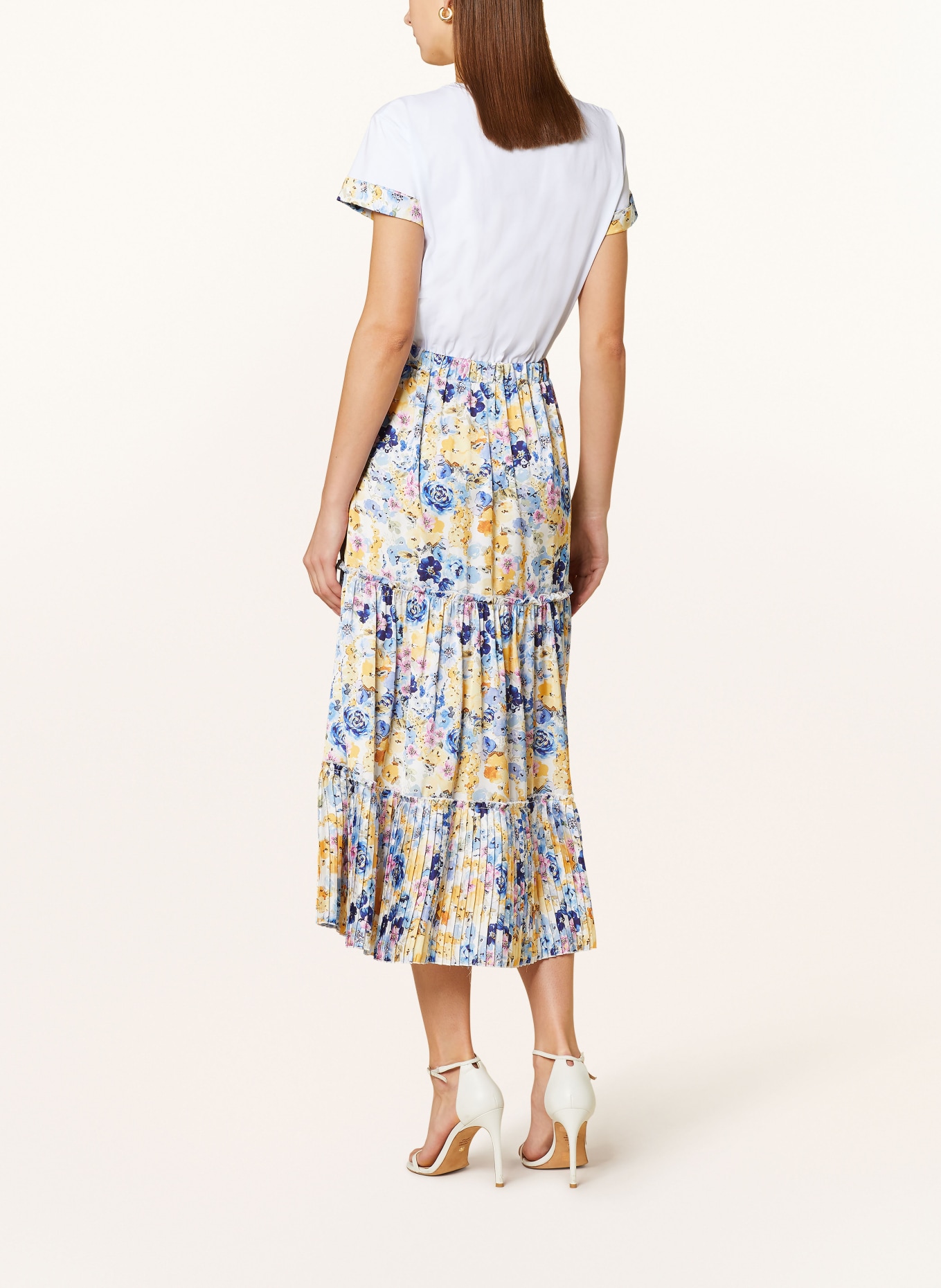LIU JO Dress in mixed materials with pleats and frills, Color: WHITE/ YELLOW/ BLUE (Image 3)