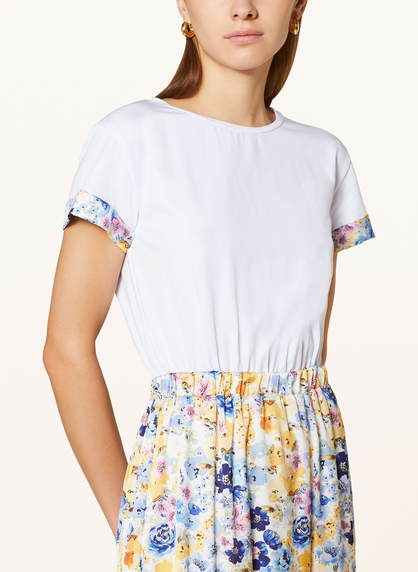 LIU JO Dress in mixed materials with pleats and frills, Color: WHITE/ YELLOW/ BLUE (Image 4)