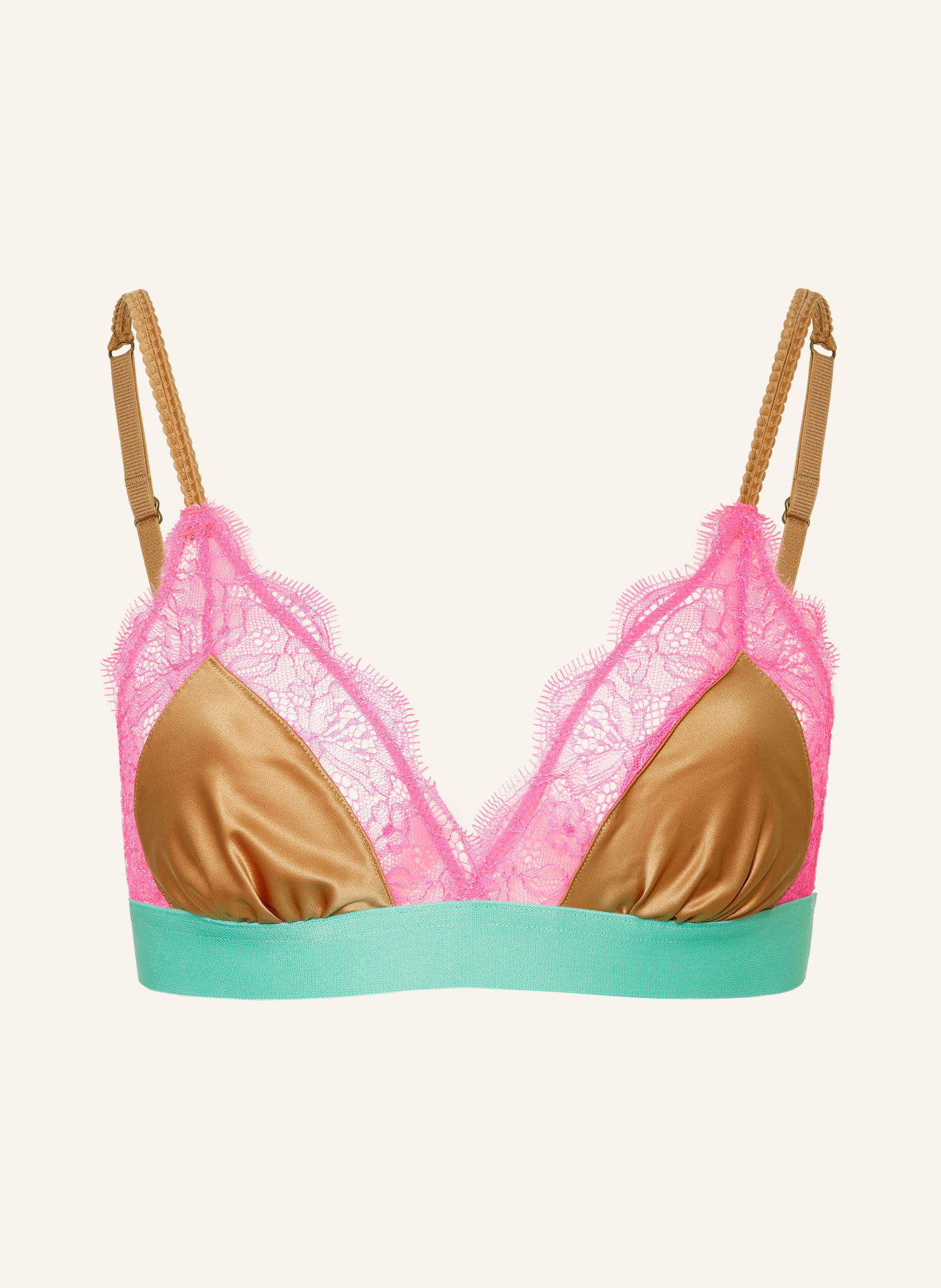 LOVE Stories Triangle bra LOVE LACE in satin, Color: LIGHT BROWN/ NEON PINK/ MINT (Image 1)