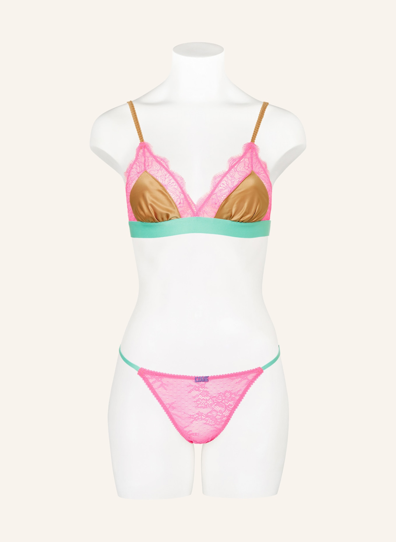 LOVE Stories Triangle bra LOVE LACE in satin, Color: LIGHT BROWN/ NEON PINK/ MINT (Image 2)