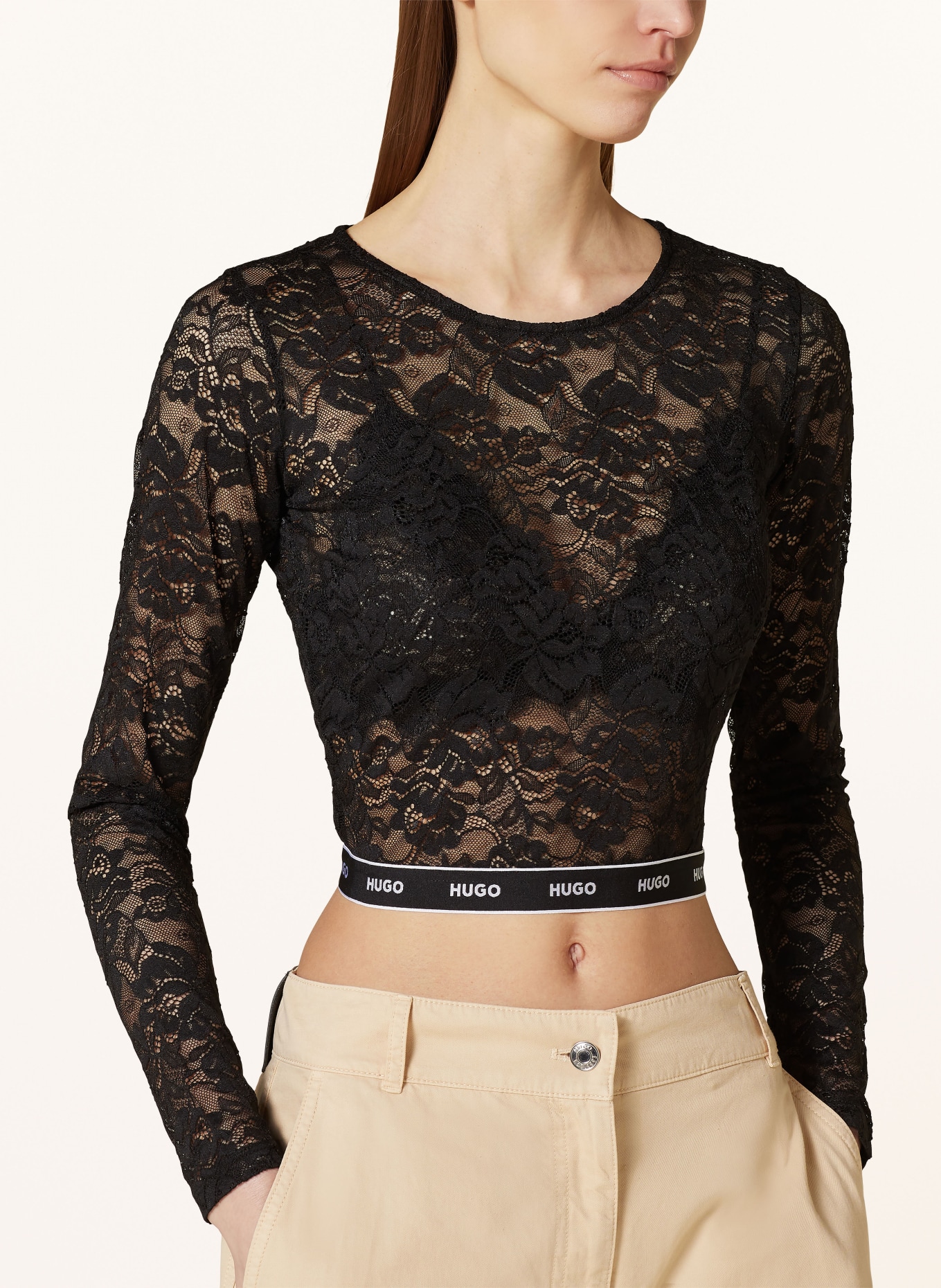 HUGO Cropped shirt DALYSIA made of lace, Color: BLACK (Image 4)