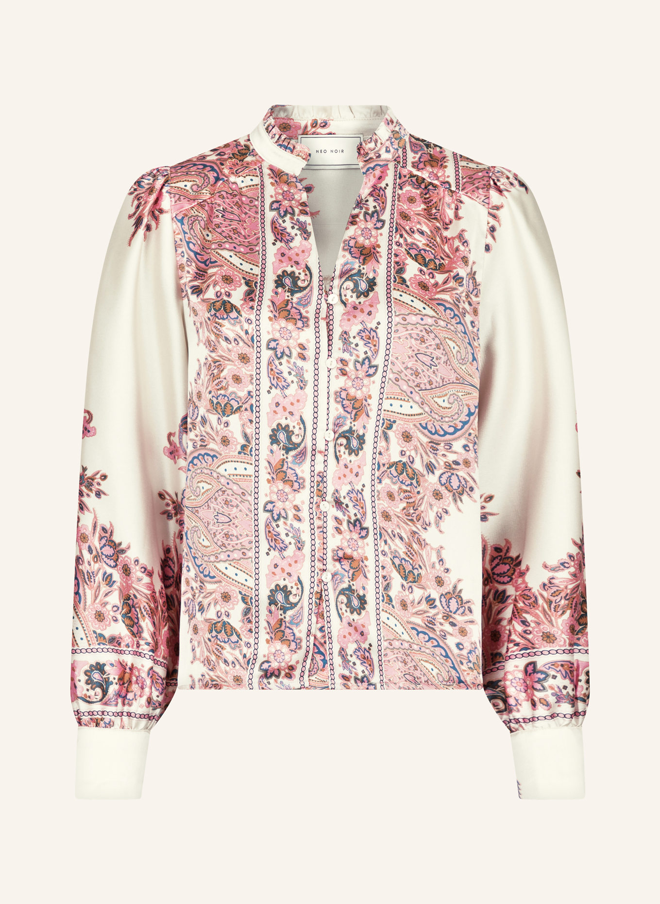 NEO NOIR Satin blouse MASSIMA with ruffles, Color: CREAM/ PINK/ TEAL (Image 1)