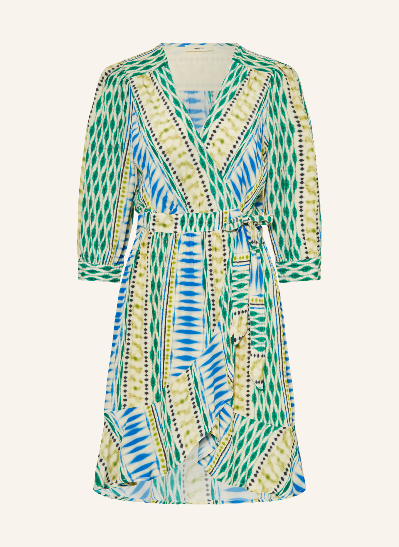 SUNCOO Wrap dress CAROL with 3/4 sleeves, Color: GREEN/ BLUE/ CREAM (Image 1)