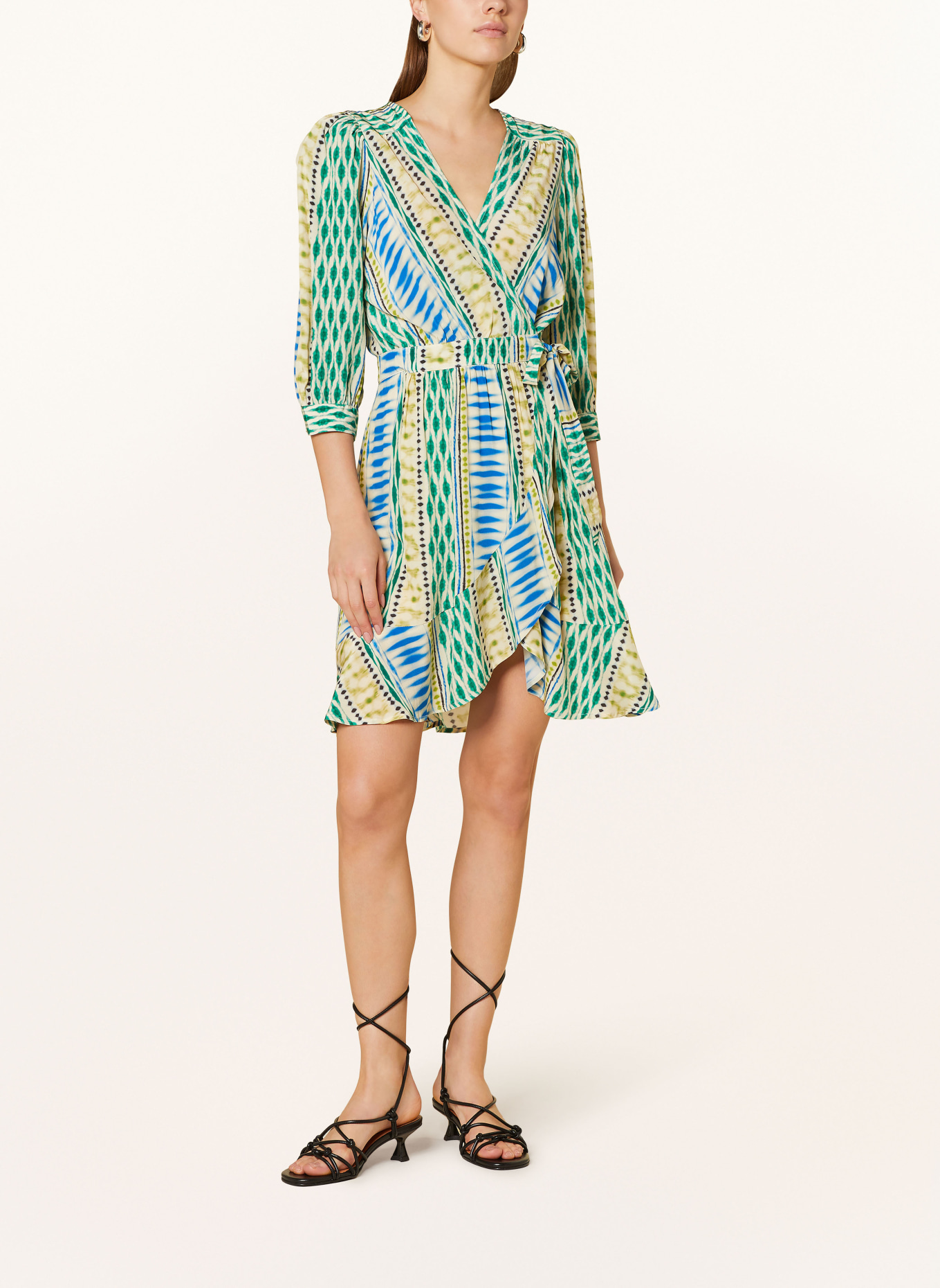 SUNCOO Wrap dress CAROL with 3/4 sleeves, Color: GREEN/ BLUE/ CREAM (Image 2)
