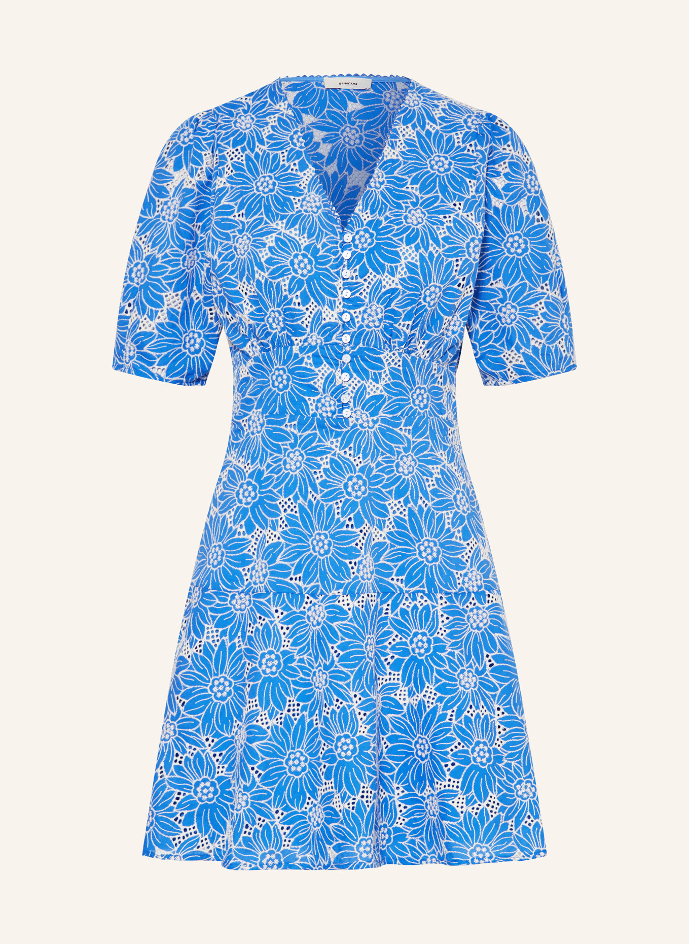 SUNCOO Dress CINDY in broderie anglaise, Color: BLUE/ WHITE (Image 1)