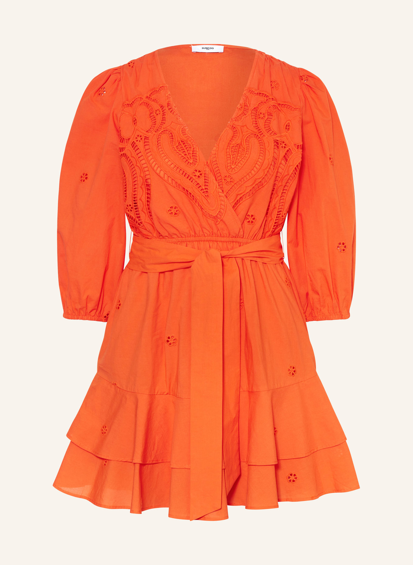 SUNCOO Dress CLIFF with broderie anglaise and 3/4 sleeves, Color: ORANGE (Image 1)