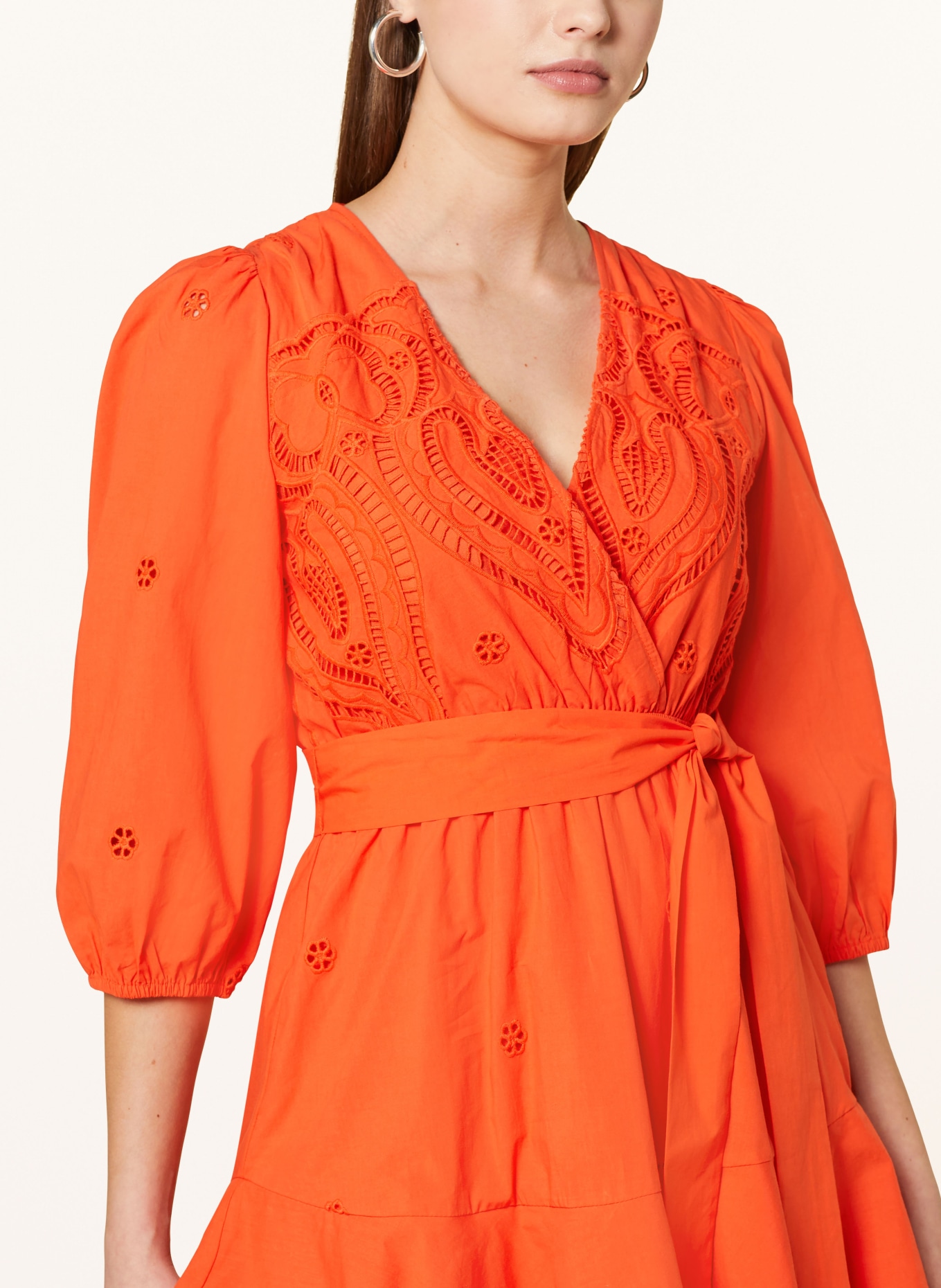 SUNCOO Dress CLIFF with broderie anglaise and 3/4 sleeves, Color: ORANGE (Image 4)