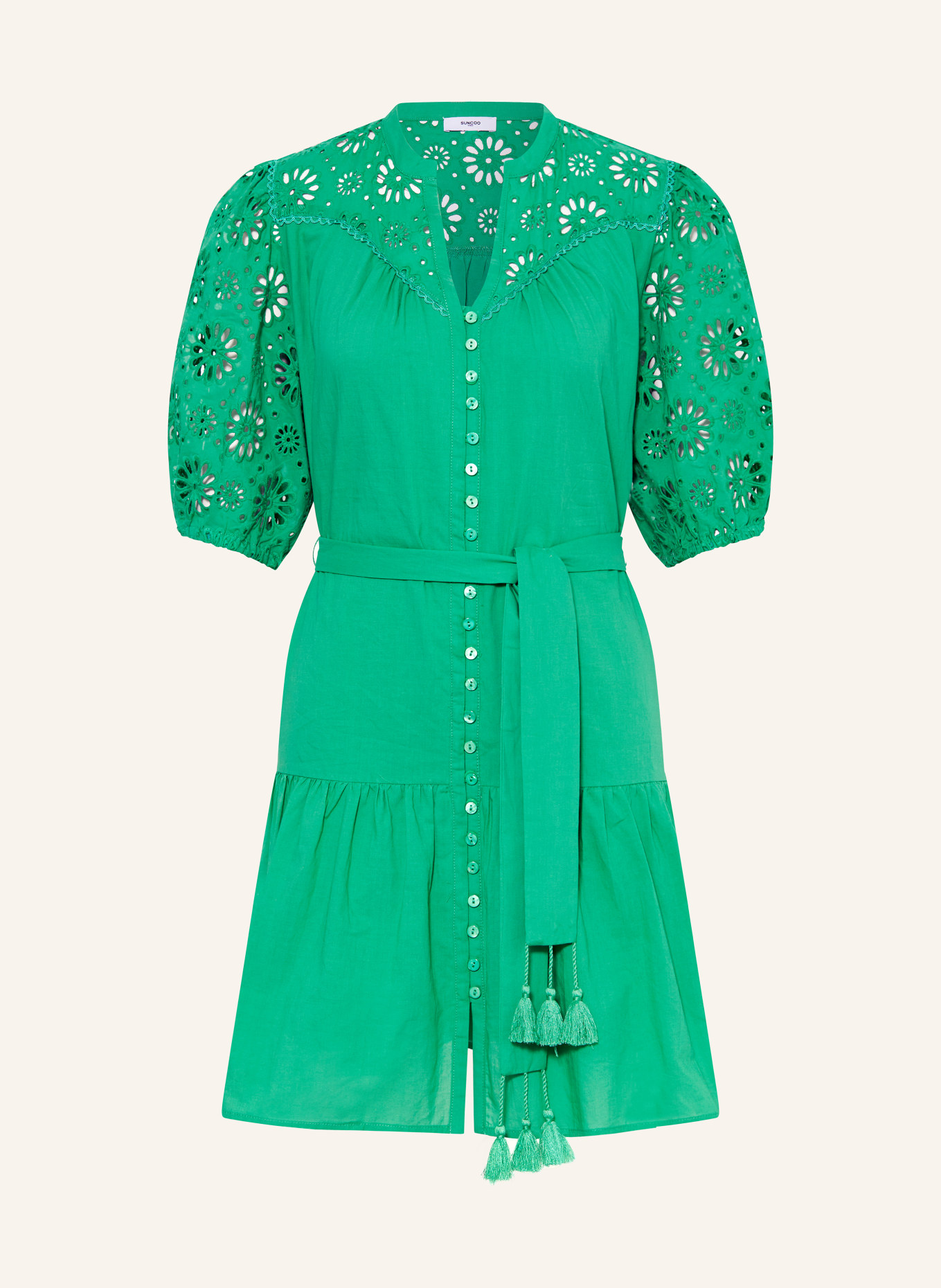 SUNCOO Dress CAMY with broderie anglaise, Color: GREEN (Image 1)