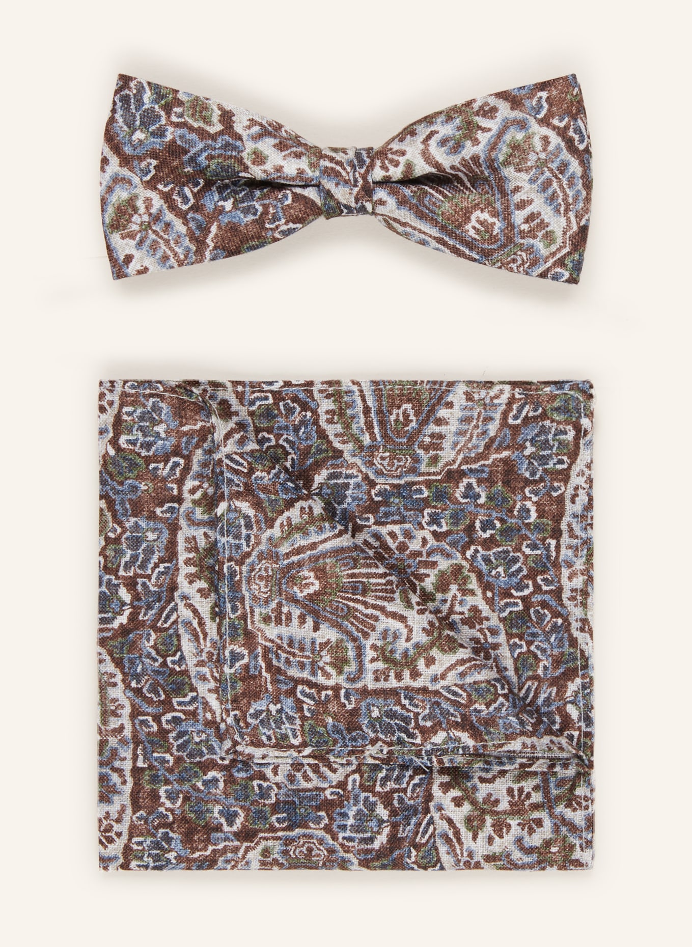MONTI Set: Bow tie and pocket square, Color: BROWN/ CREAM/ BLUE (Image 1)