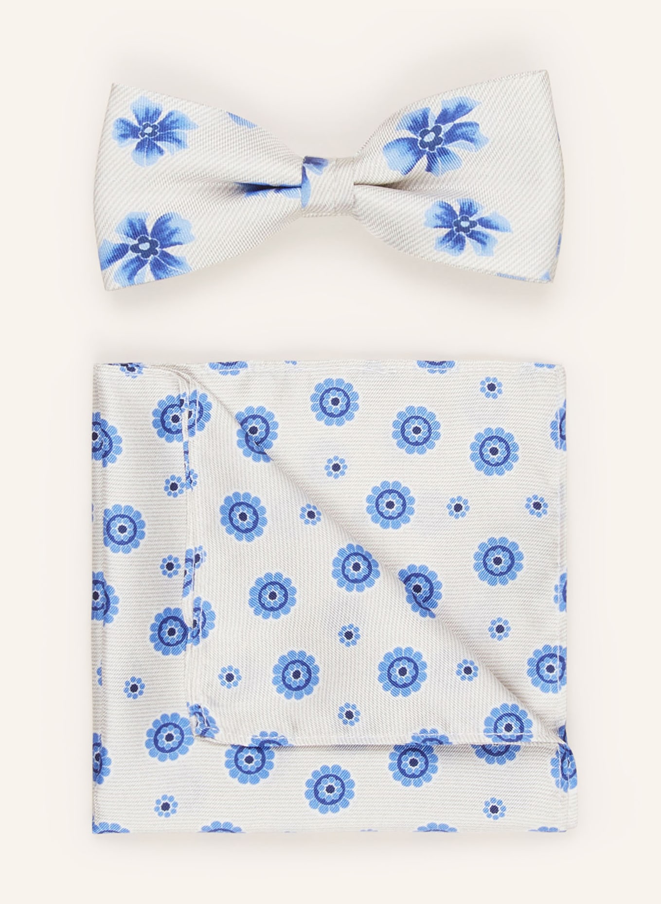 MONTI Set: Bow tie and pocket square, Color: CREAM/ BLUE (Image 1)