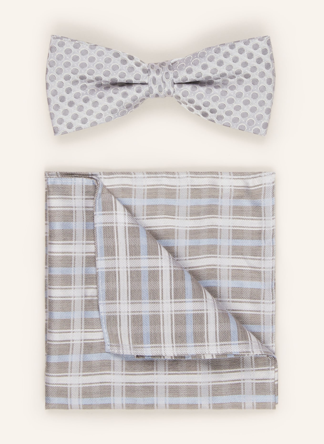 MONTI Set: Bow tie and pocket square, Color: TAUPE/ LIGHT BLUE/ WHITE (Image 1)