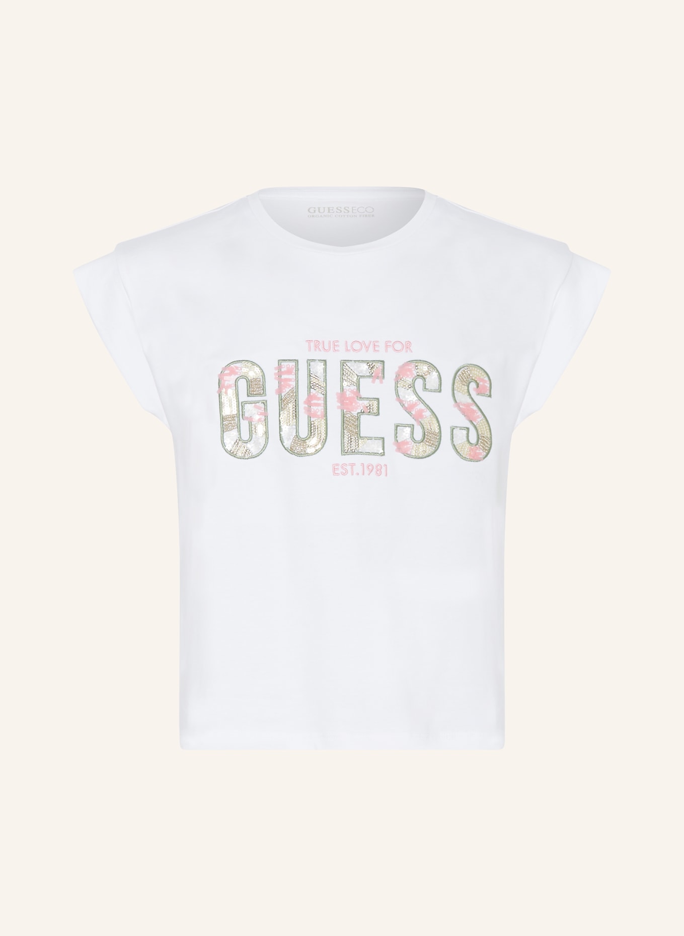 GUESS T-Shirt mit Pailletten und Schmuckperlen, Farbe: WEISS (Bild 1)