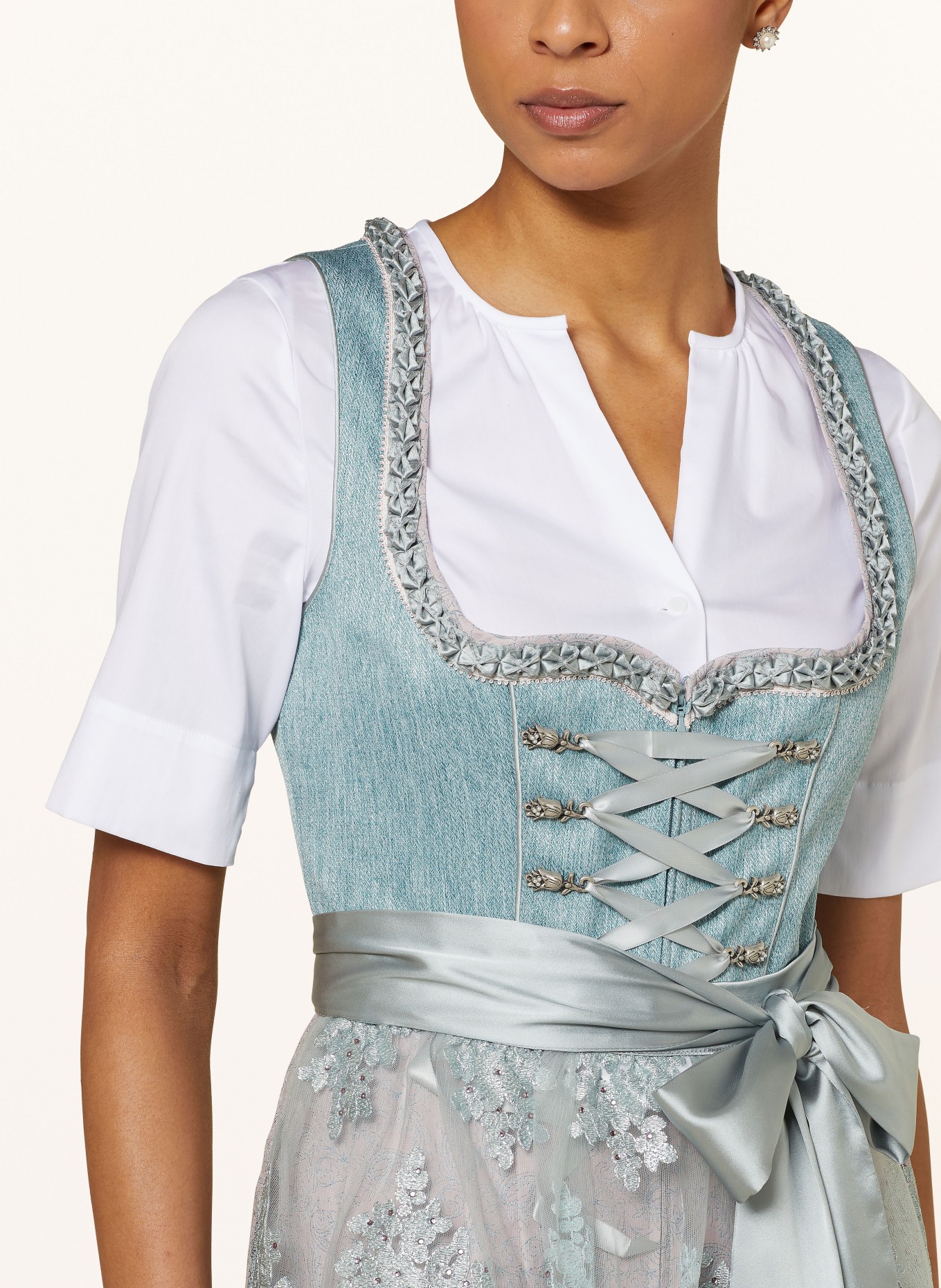 KRÜGER Sukienka bawarska z koronką i ozdobnymi kamykami, Kolor: TURKUSOWY/ BLADORÓŻOWY (Obrazek 4)