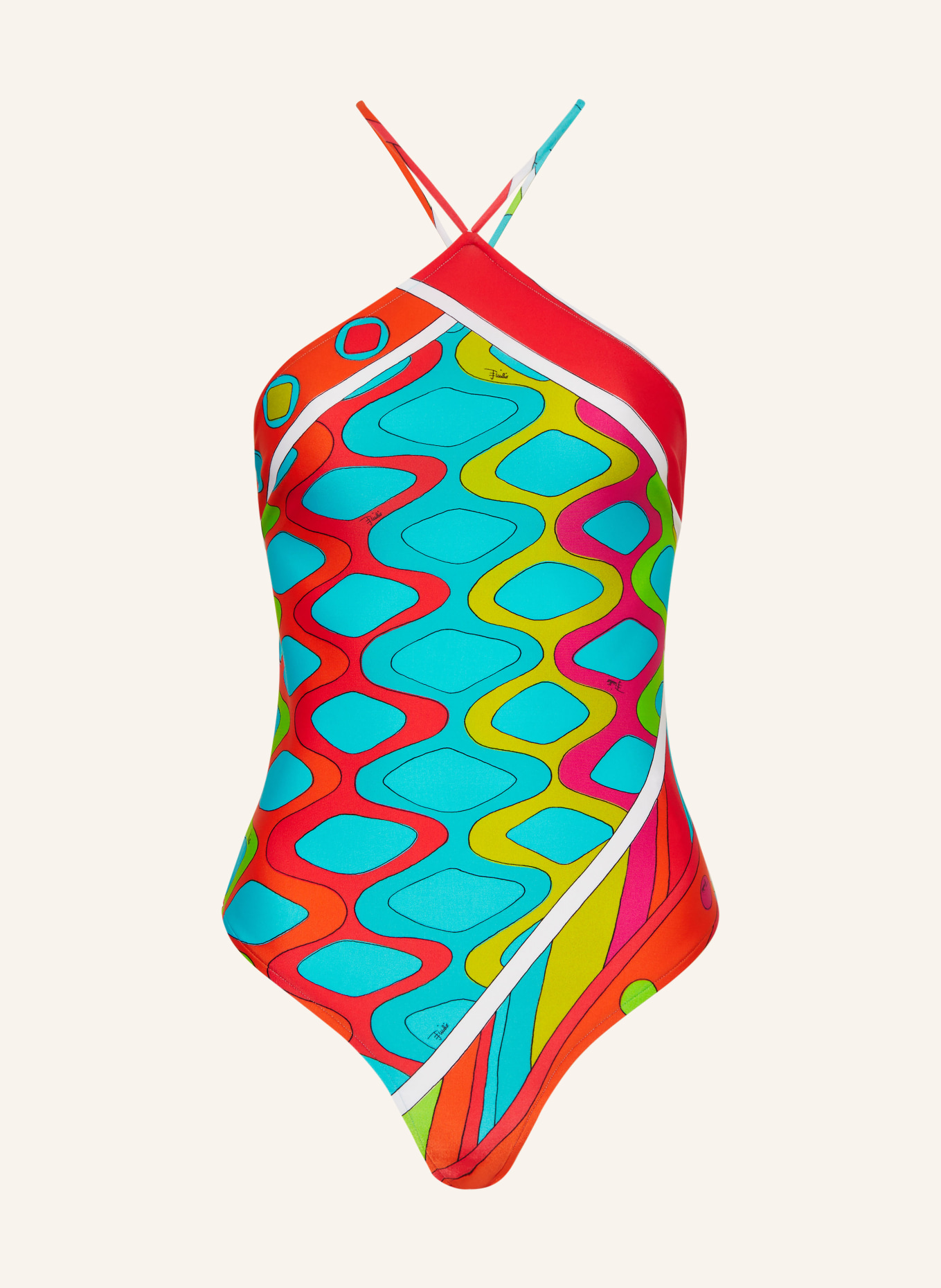 PUCCI Strój kąpielowy z dekoltem high neck, Kolor: POMARAŃCZOWY/ MOCNORÓŻOWY/ TURKUSOWY (Obrazek 1)