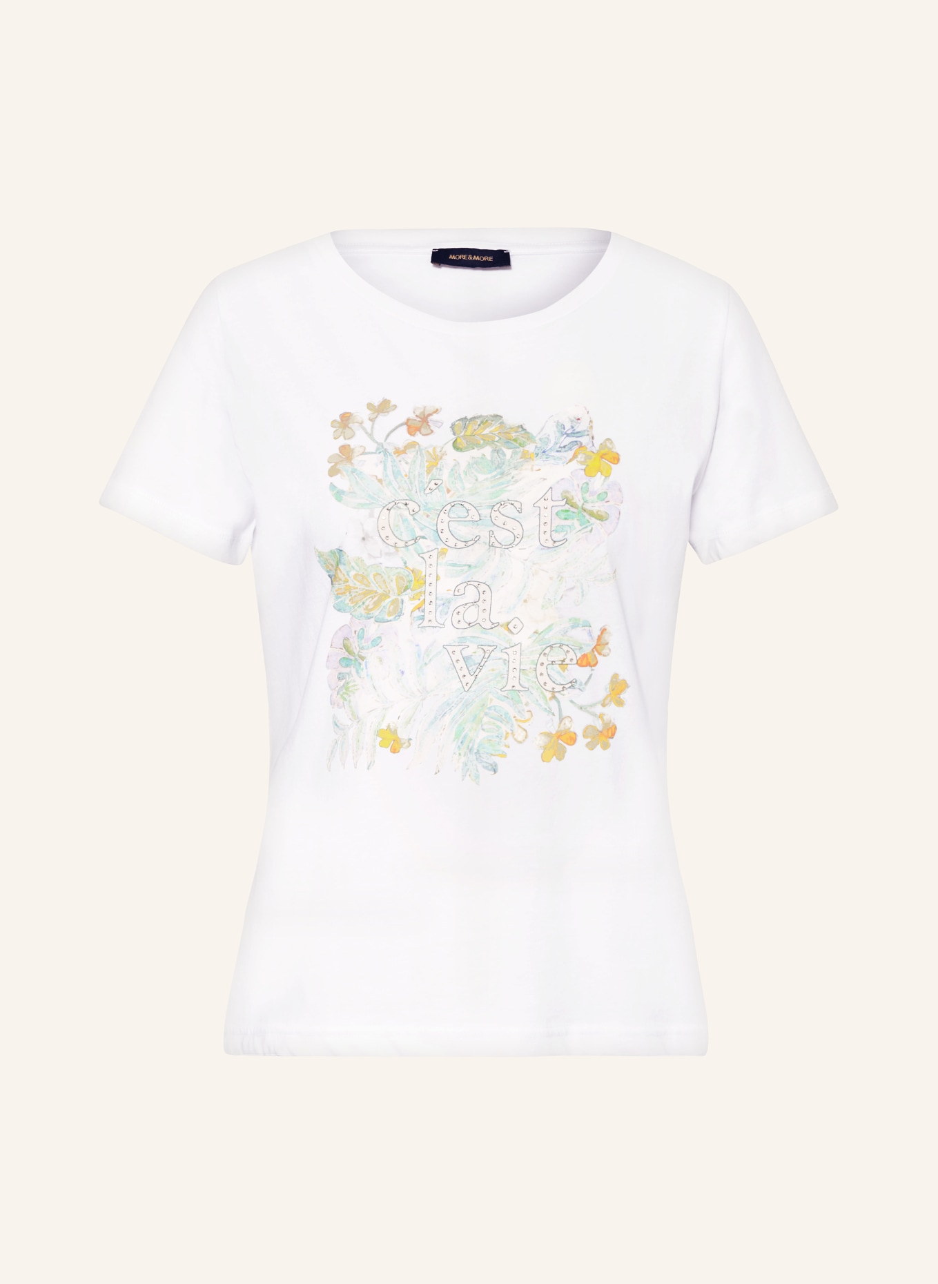 MORE & MORE T-shirt z obszyciem ozdobnymi kamykami, Kolor: BIAŁY/ ZIELONY (Obrazek 1)