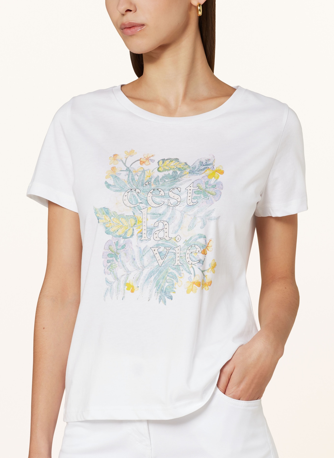MORE & MORE T-shirt z obszyciem ozdobnymi kamykami, Kolor: BIAŁY/ ZIELONY (Obrazek 4)