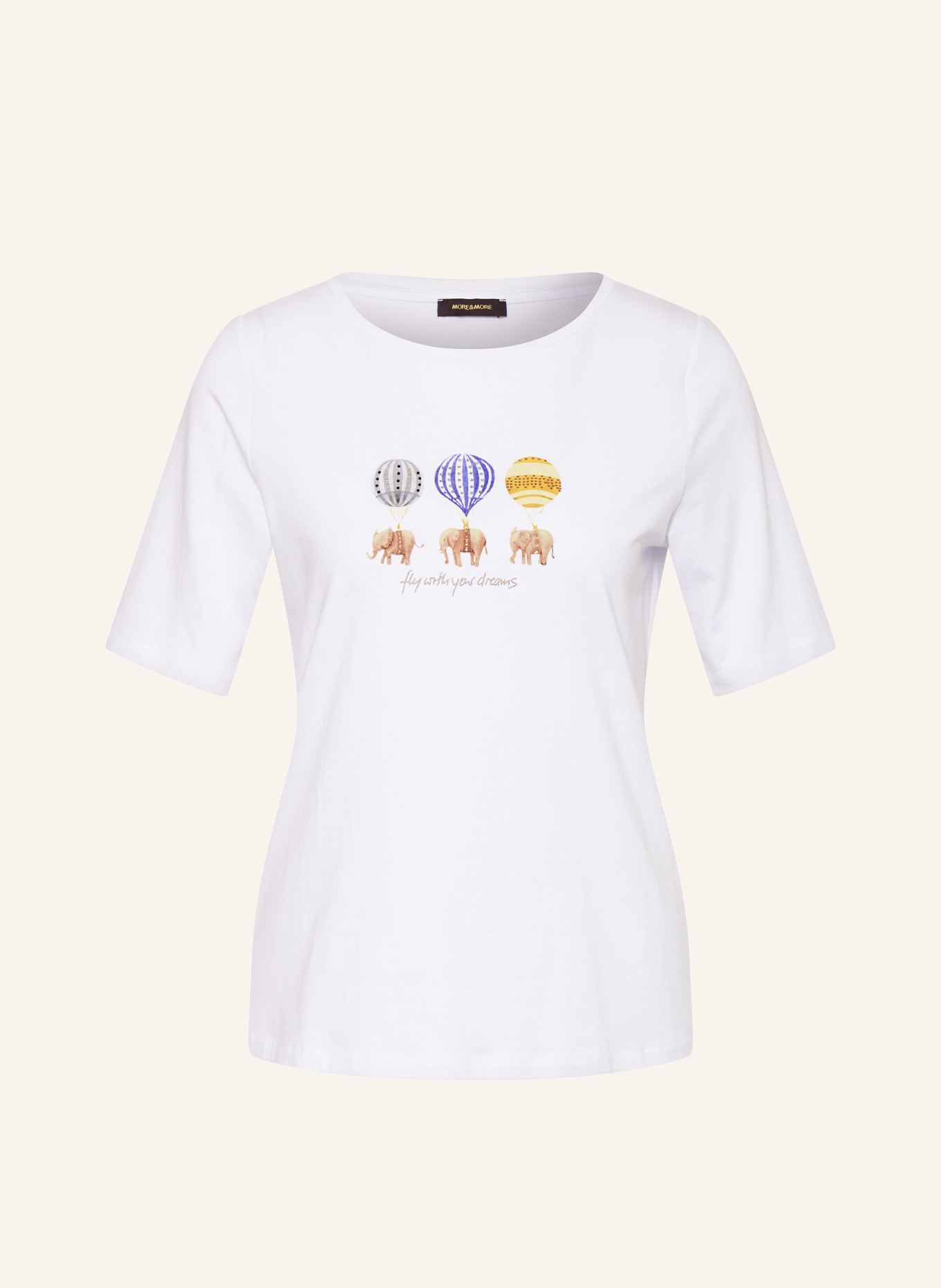 MORE & MORE T-shirt with decorative gems, Color: WHITE/ BROWN/ BLUE (Image 1)