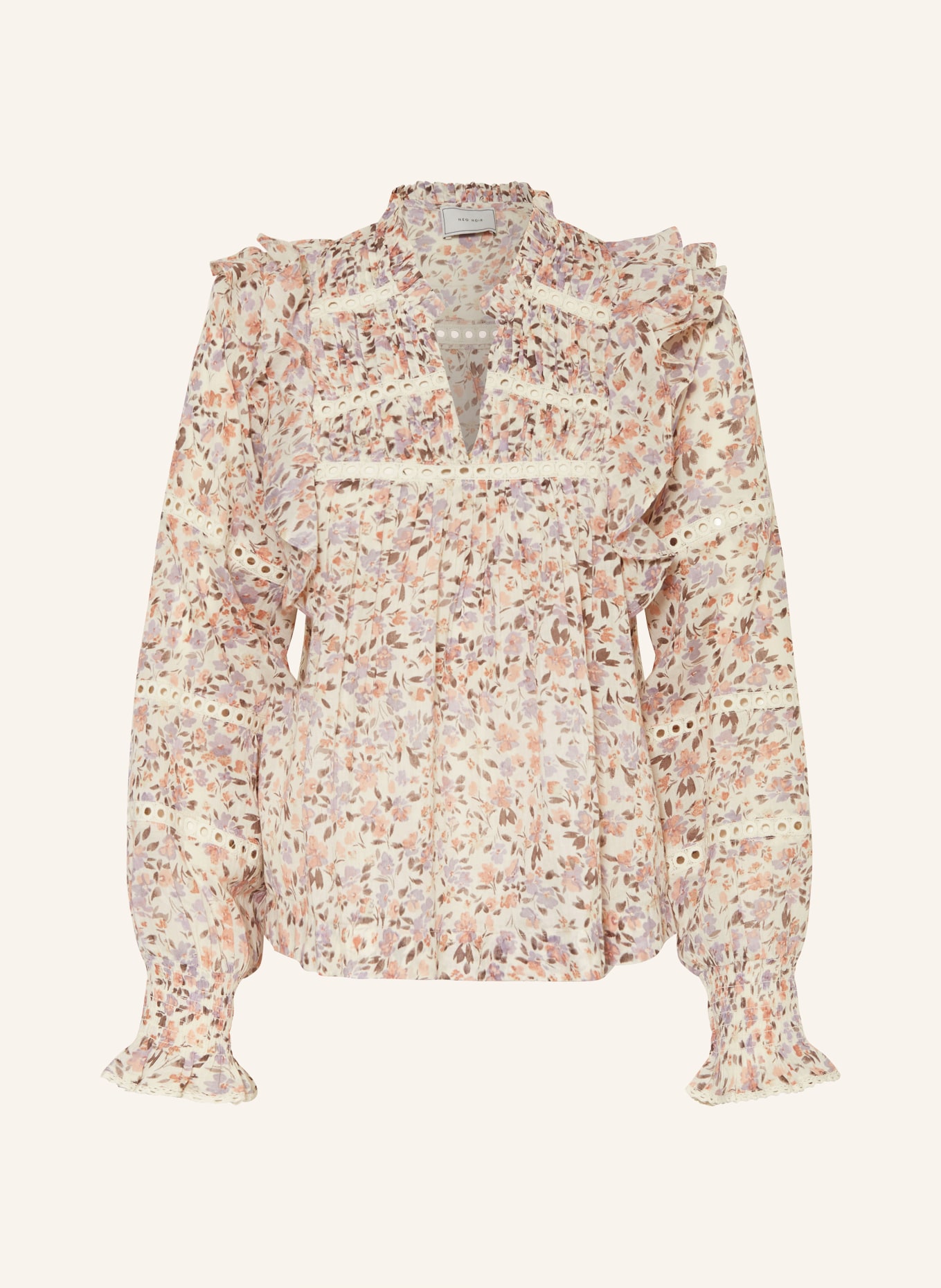 NEO NOIR Shirt blouse AURIKA with broderie anglaise, Color: NUDE/ BLUE GRAY/ LIGHT RED (Image 1)
