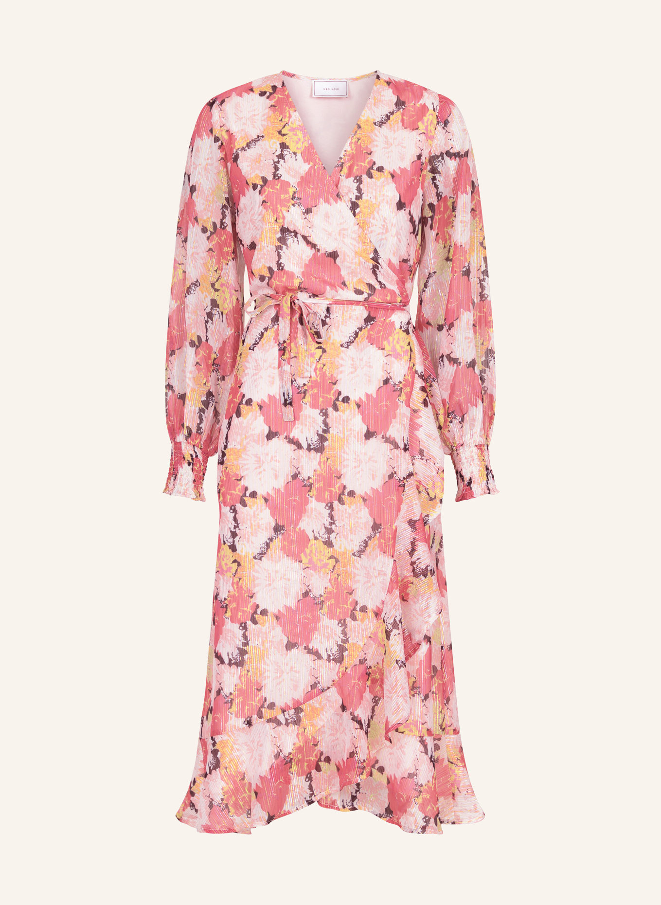 NEO NOIR Wrap dress EVA with frills and 3/4 sleeves, Color: PINK/ DARK YELLOW/ WHITE (Image 1)