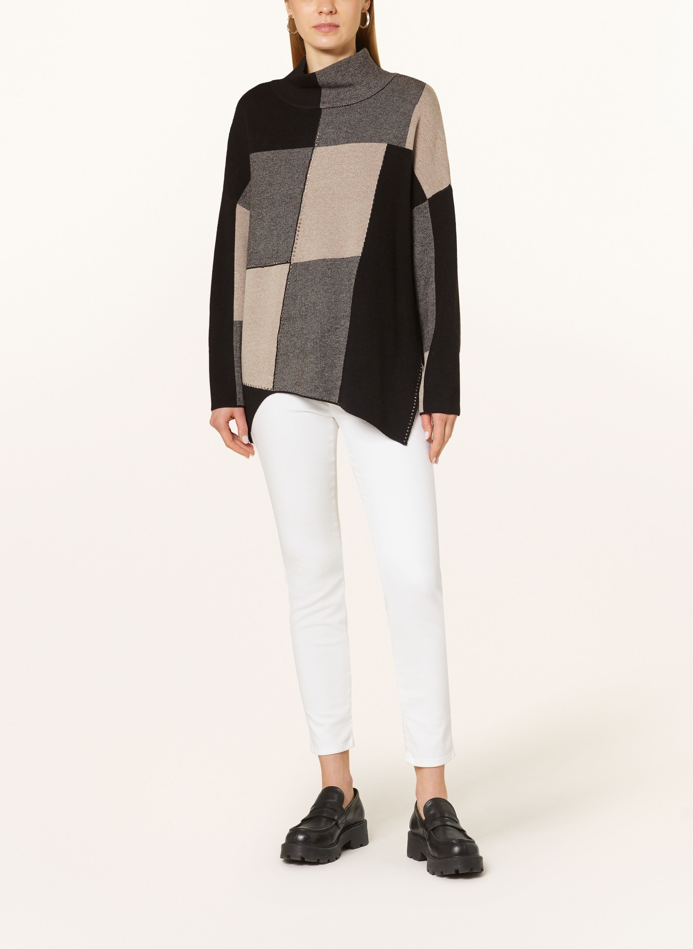 Joseph Ribkoff Sweater with decorative gems in black taupe light gray