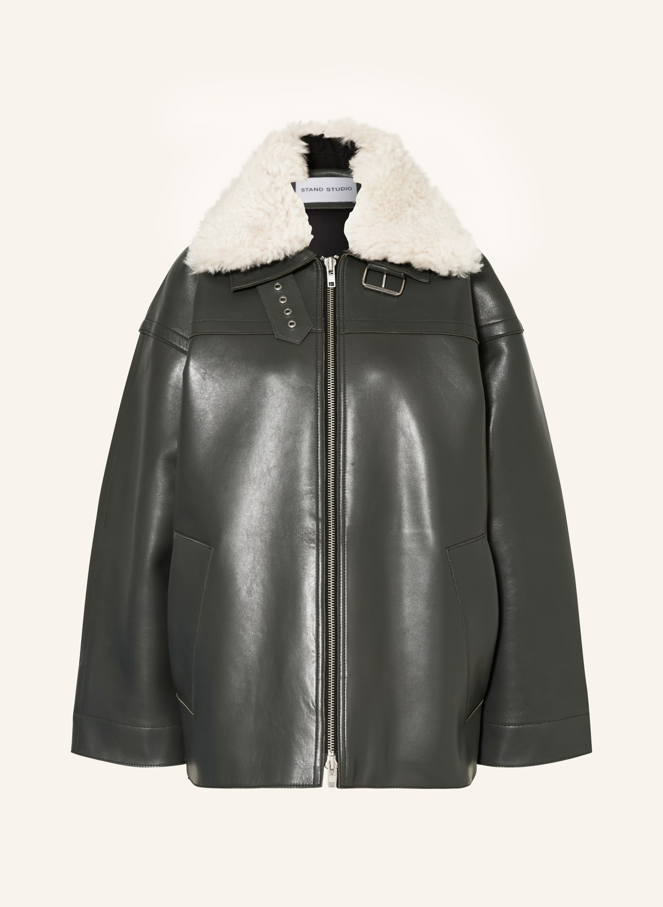 STAND STUDIO Leather jacket EMELIA with detachable faux fur in