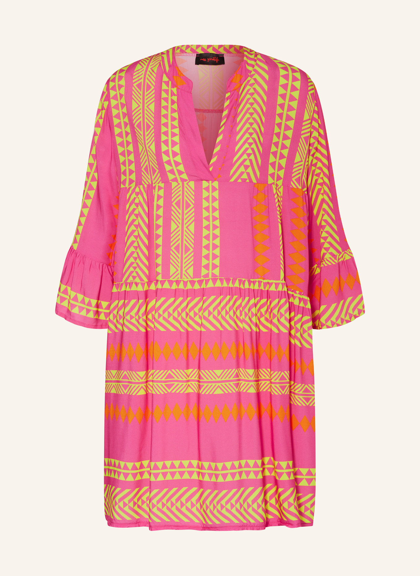 miss goodlife Dress with 3/4 sleeves, Color: PINK/ NEON YELLOW (Image 1)