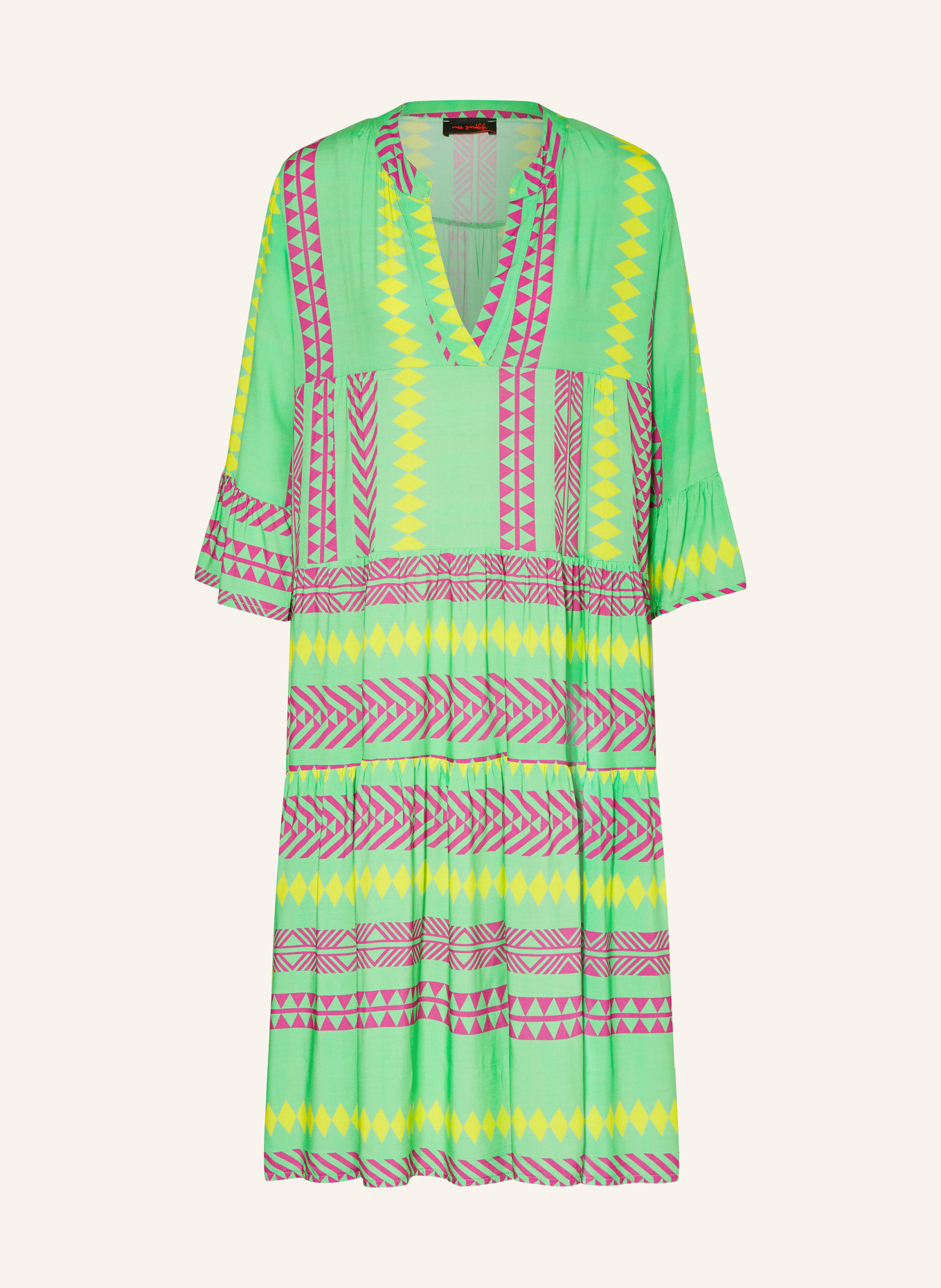 miss goodlife Dress with 3/4 sleeves, Color: LIGHT GREEN/ FUCHSIA/ YELLOW (Image 1)