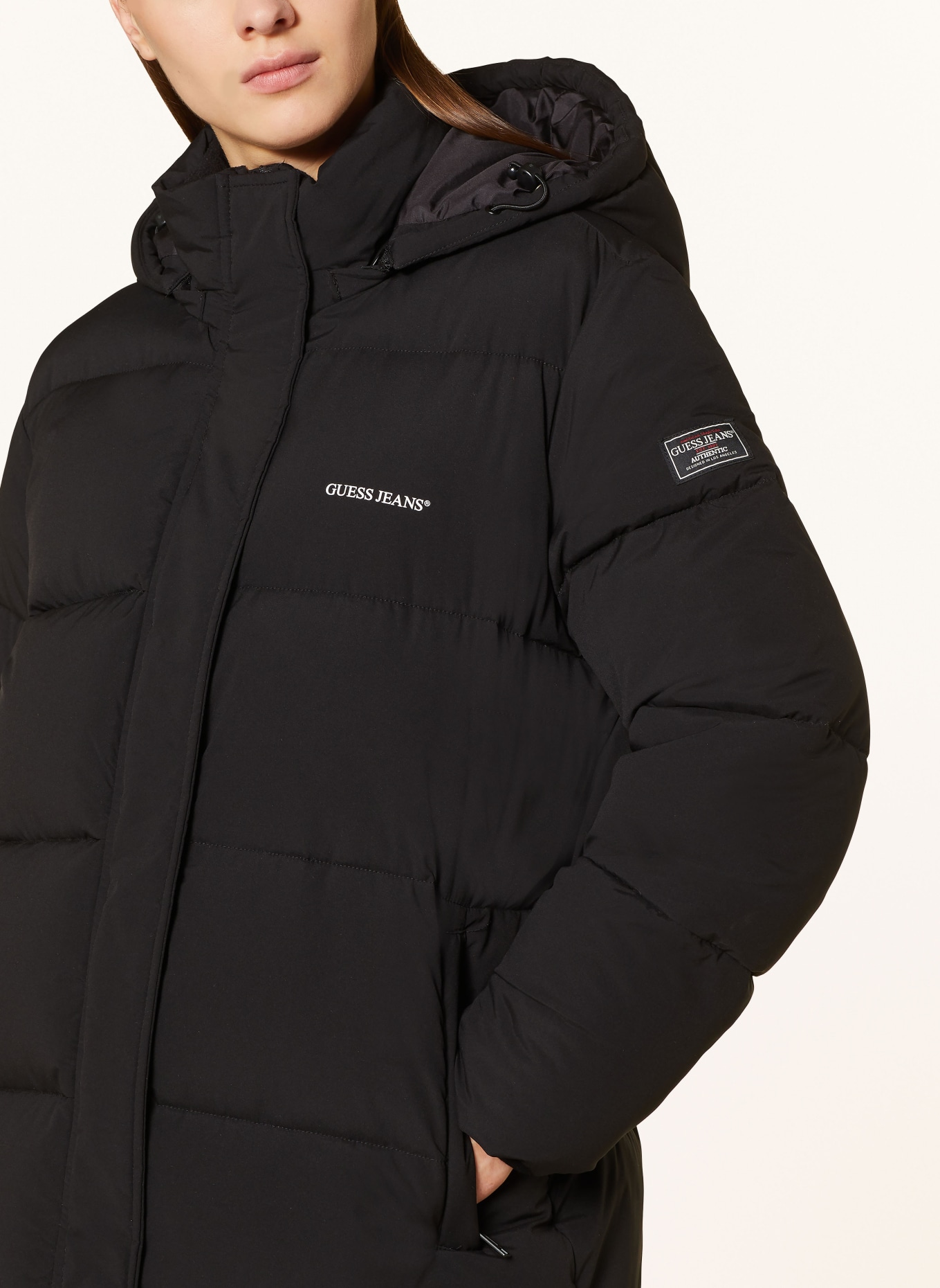 GUESS JEANS Quilted coat with removable hood: BLACK