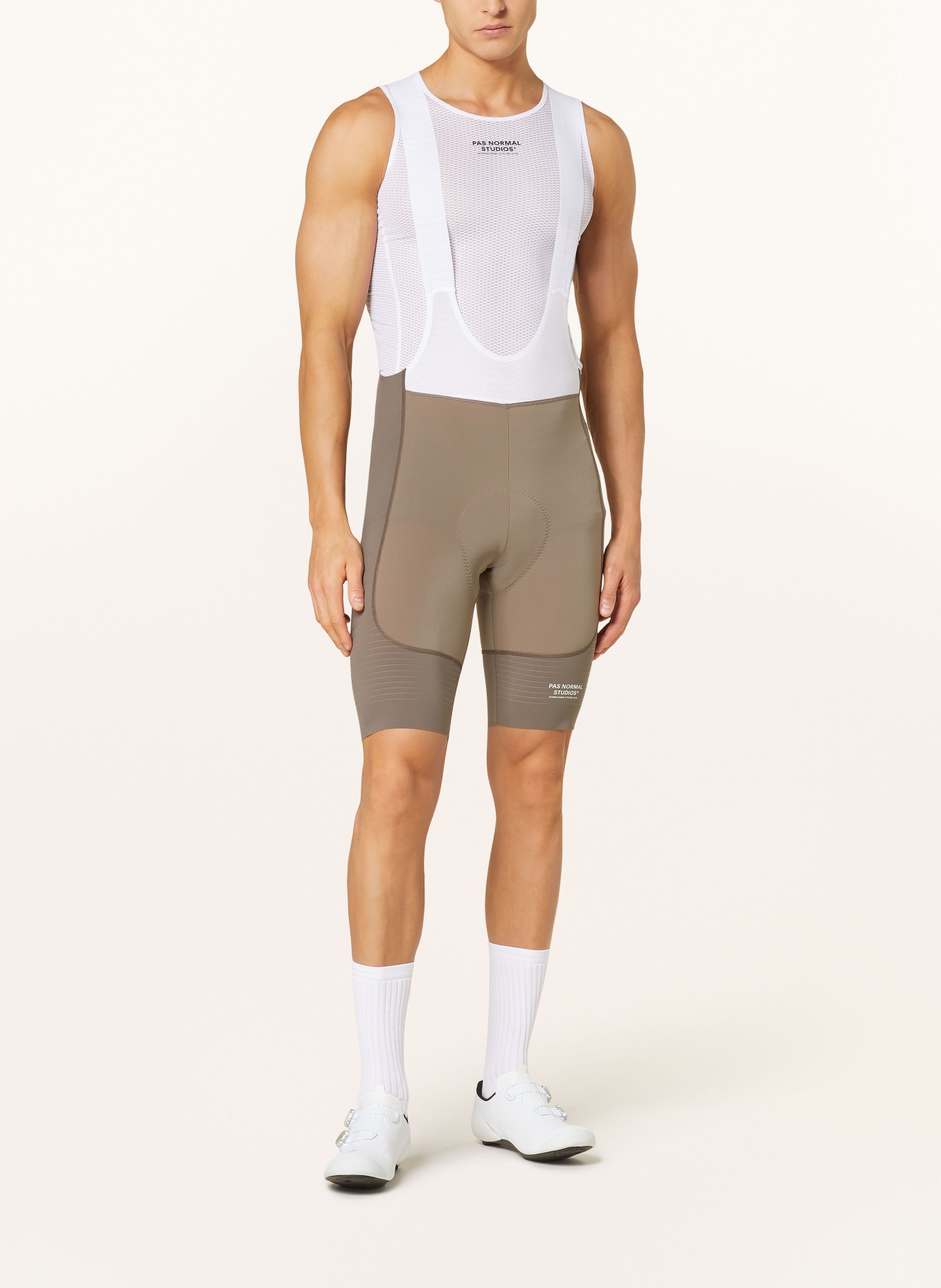 PAS NORMAL STUDIOS Cycling shorts MECHANISM with straps and padded insert, Color: BROWN/ WHITE (Image 2)