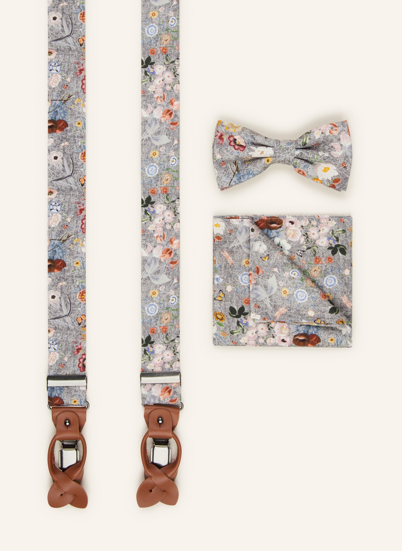 Prince BOWTIE Set: Suspenders, bow tie and pocket square, Color: GRAY (Image 1)