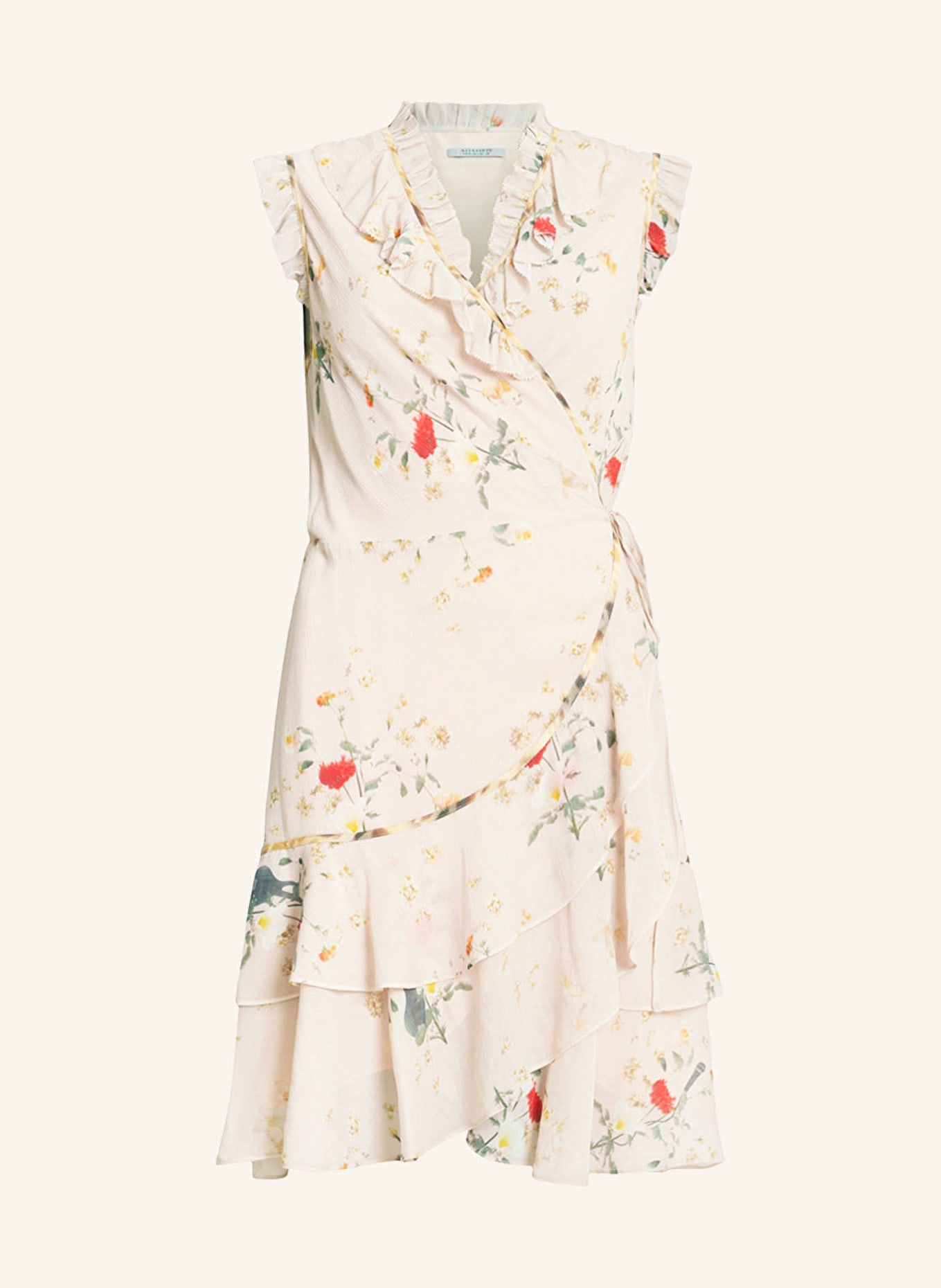 ALLSAINTS Wrap dress ARI KORA with ruffles and frill, Color: LIGHT PINK/ GREEN/ RED (Image 1)