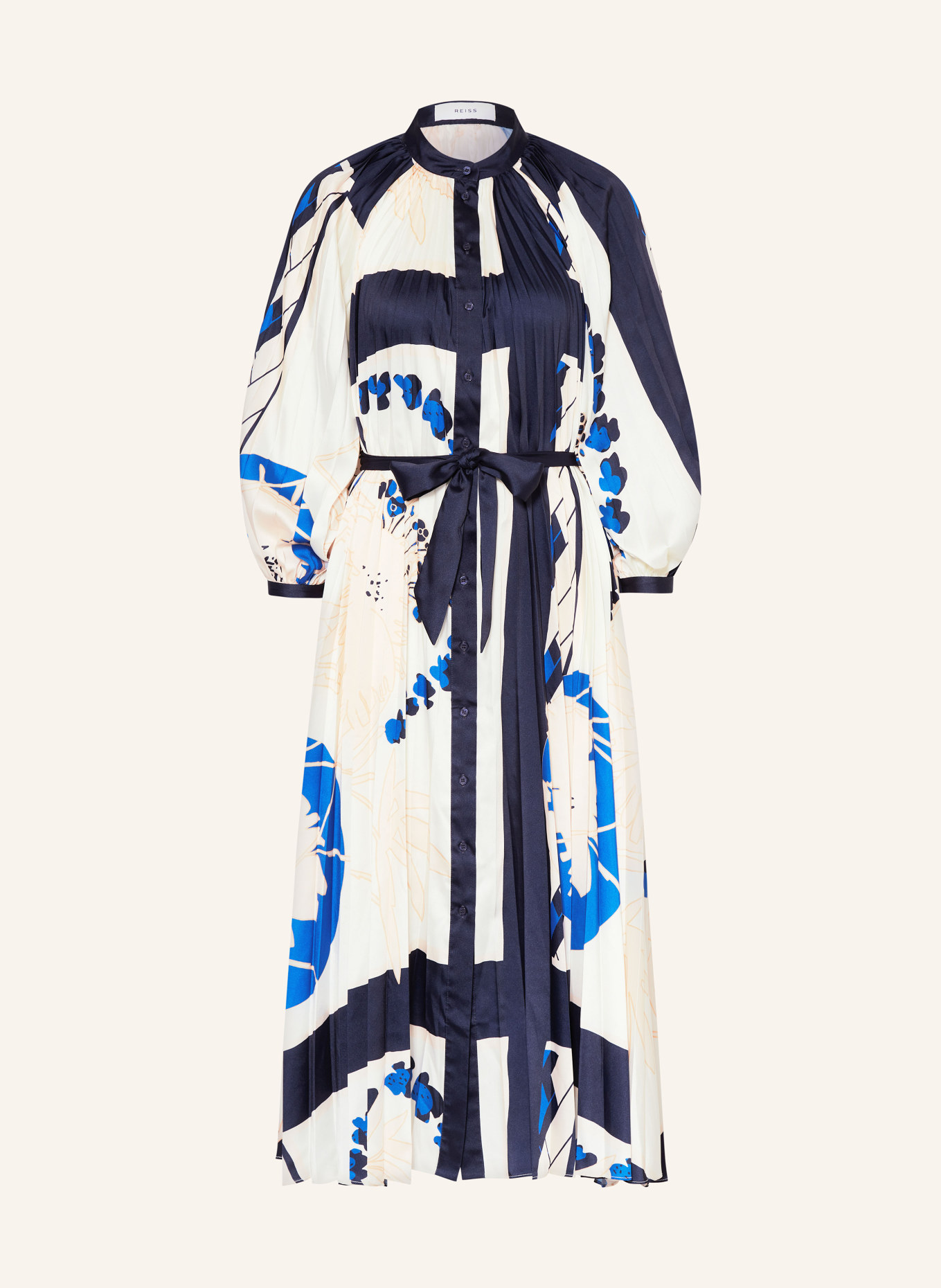 REISS Plisseekleid DAIYA aus Satin mit 3/4-Arm, Farbe: CREME/ DUNKELBLAU/ BLAU (Bild 1)