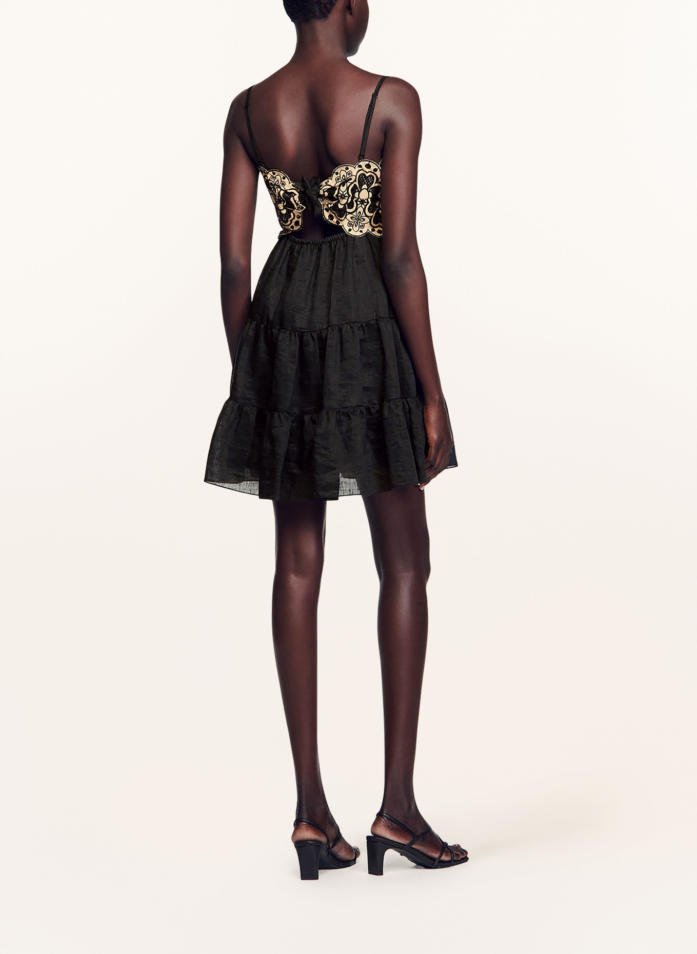 SANDRO Sukienka koktajlowa z lnu z ażurową koronką, Kolor: CZARNY/ BEŻOWY (Obrazek 3)