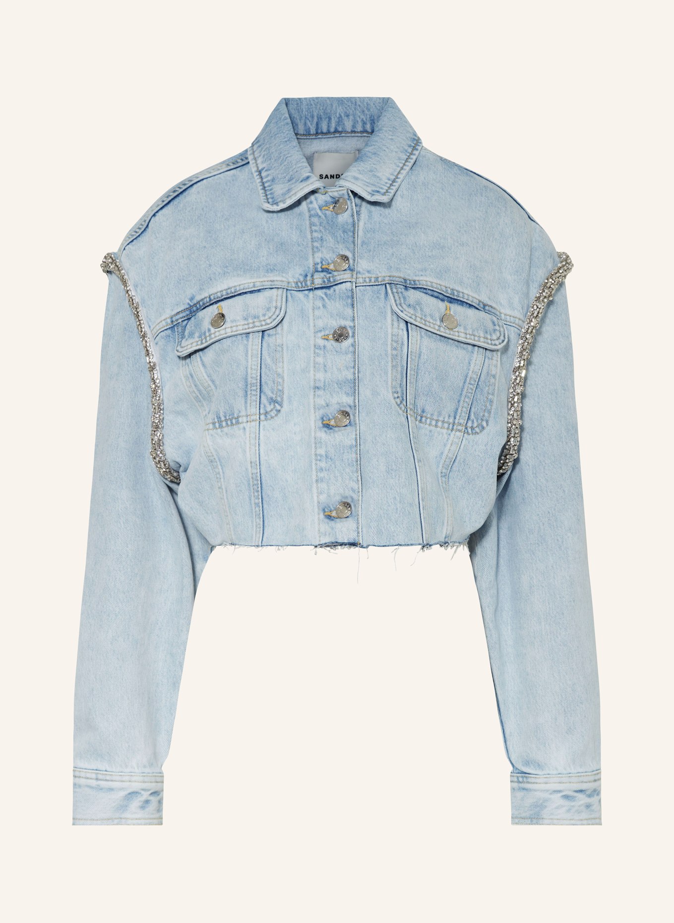 SANDRO Krótka kurtka jeansowa z ozdobnymi kamykami, Kolor: J002 LIGHT BU JEAN (Obrazek 1)