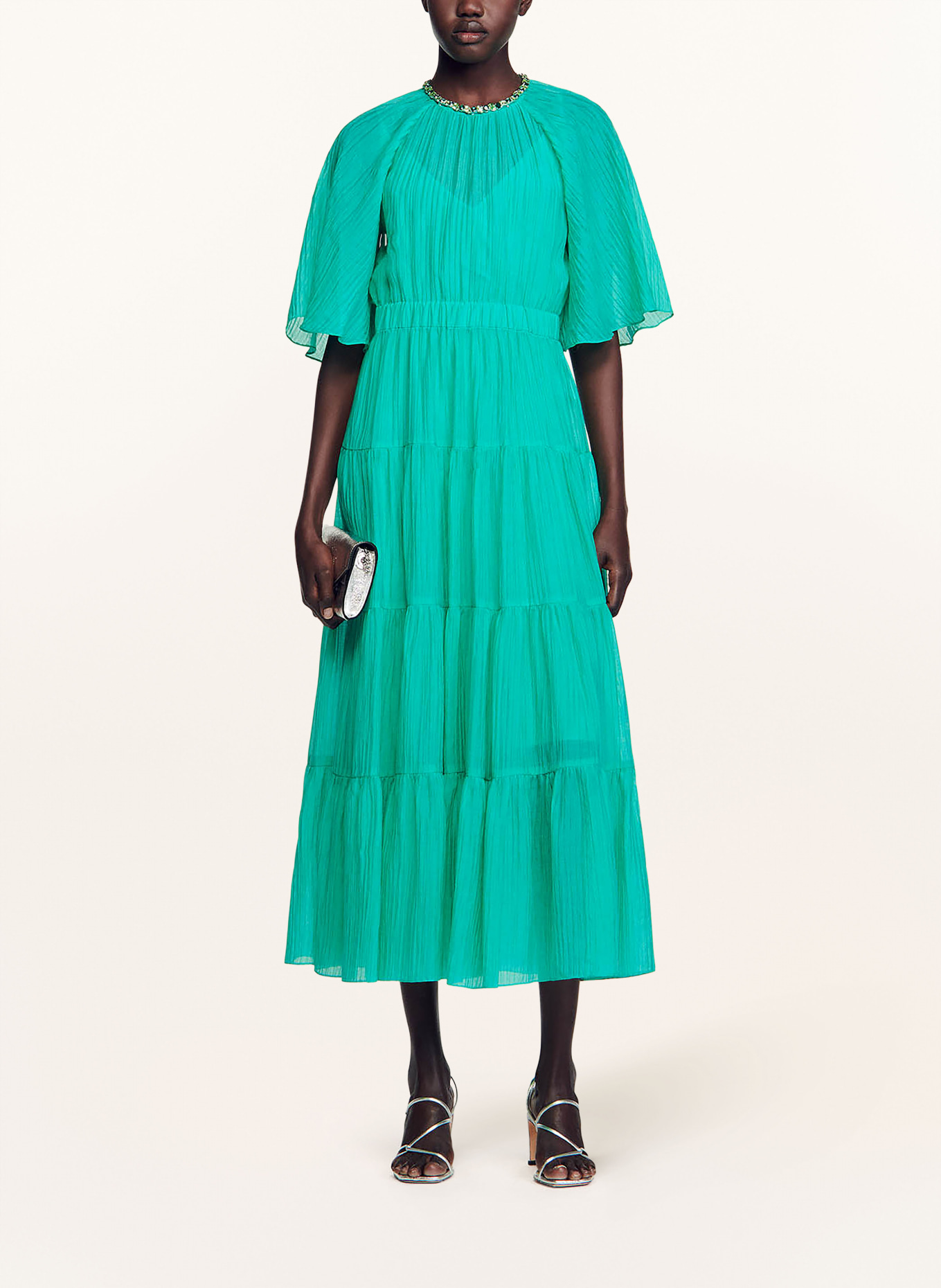 SANDRO Sukienka z wolantami i ozdobnymi kamykami, Kolor: ZIELONY (Obrazek 2)