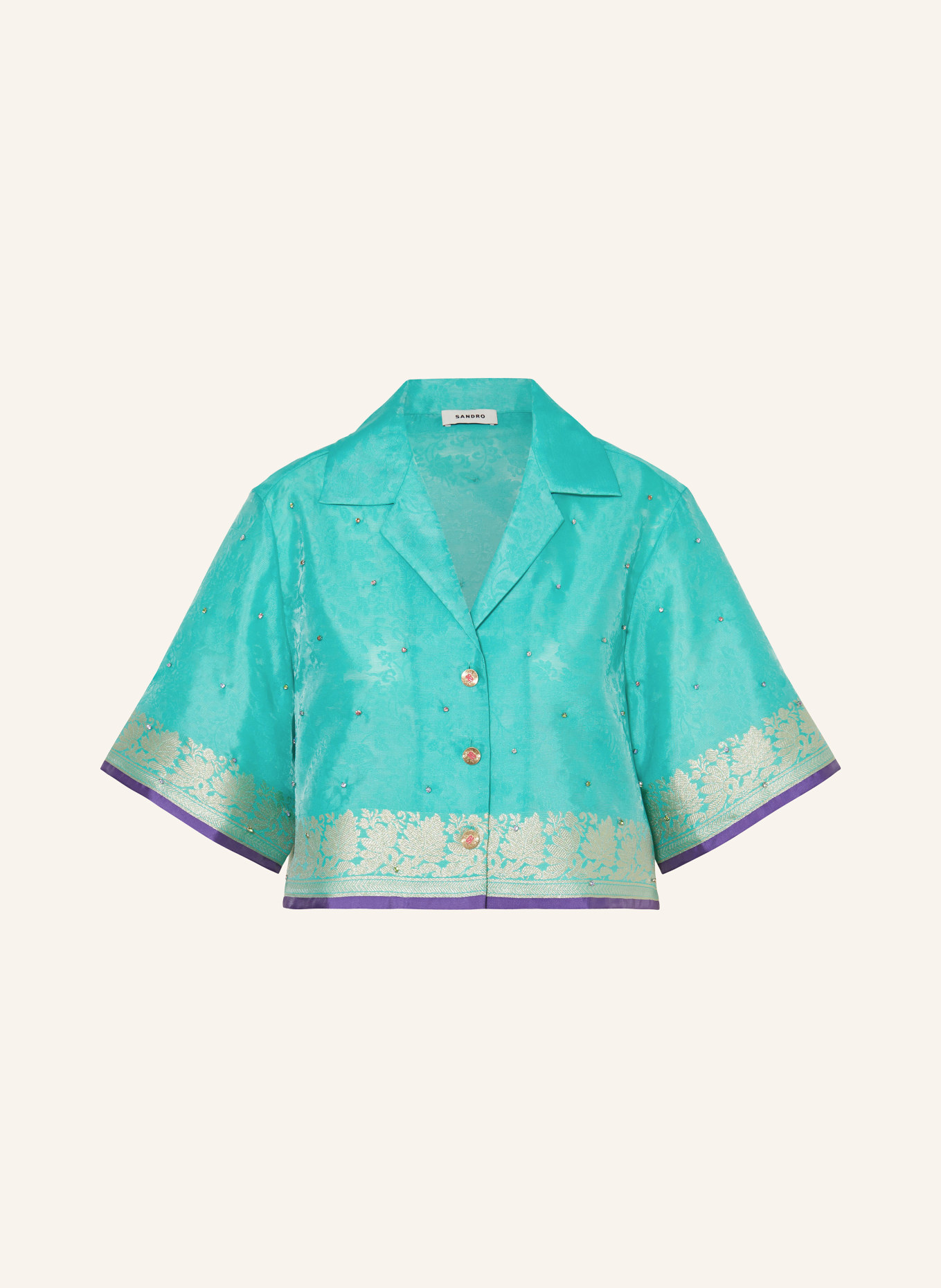 SANDRO Krótka koszula z ozdobnymi kamykami i brokatem, Kolor: ZIELONY (Obrazek 1)