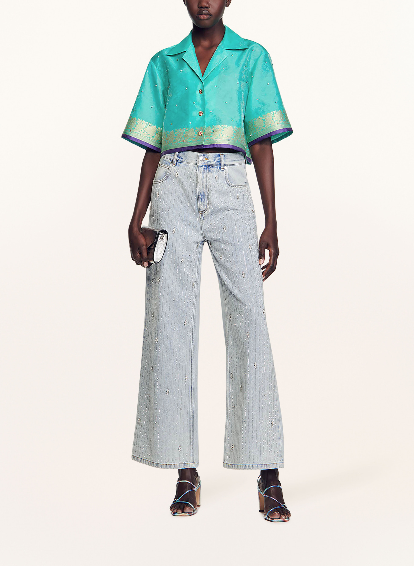 SANDRO Krótka koszula z ozdobnymi kamykami i brokatem, Kolor: ZIELONY (Obrazek 2)