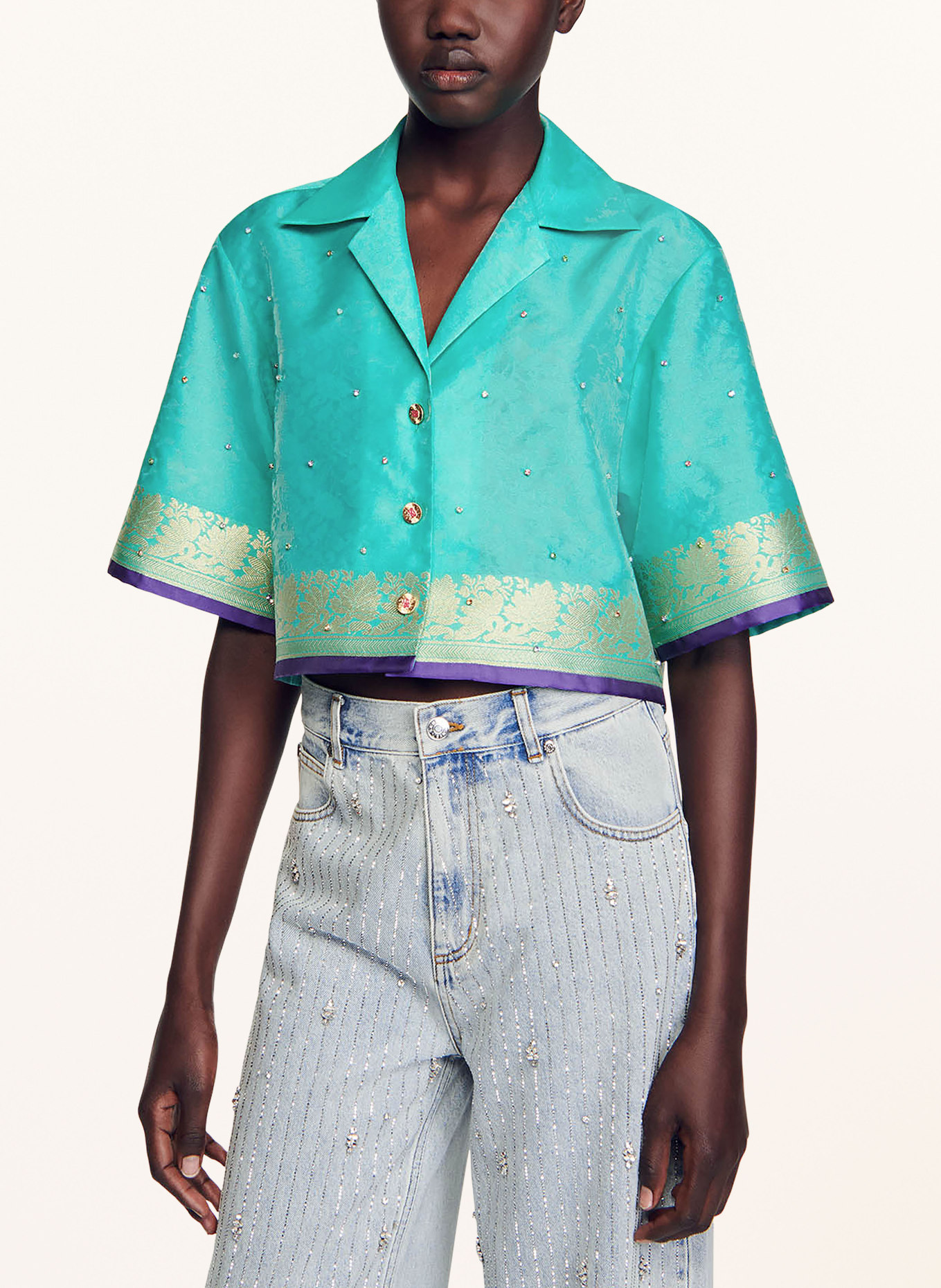 SANDRO Krótka koszula z ozdobnymi kamykami i brokatem, Kolor: ZIELONY (Obrazek 4)