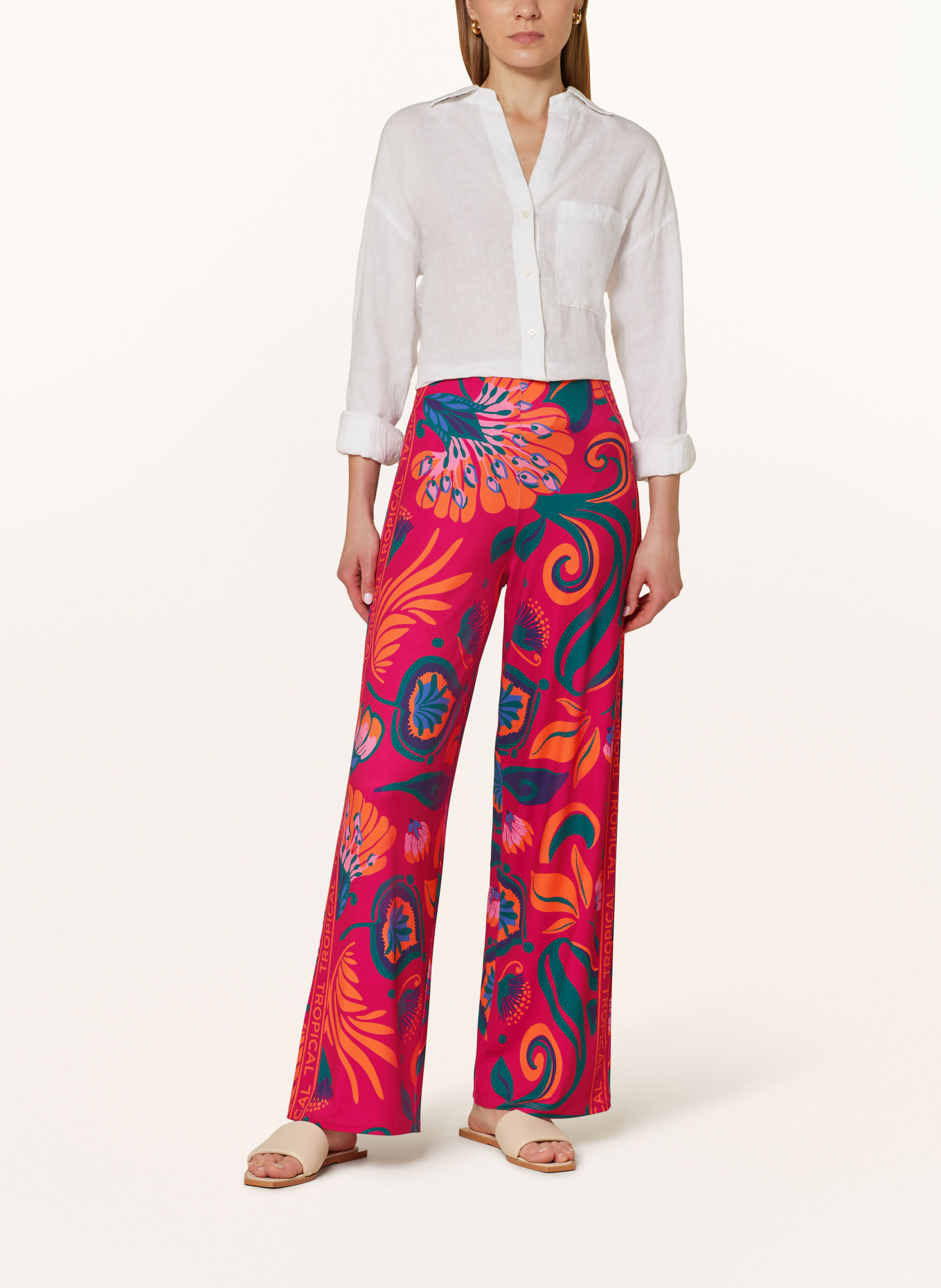 oui Wide leg trousers, Color: FUCHSIA/ DARK GREEN/ ORANGE (Image 2)