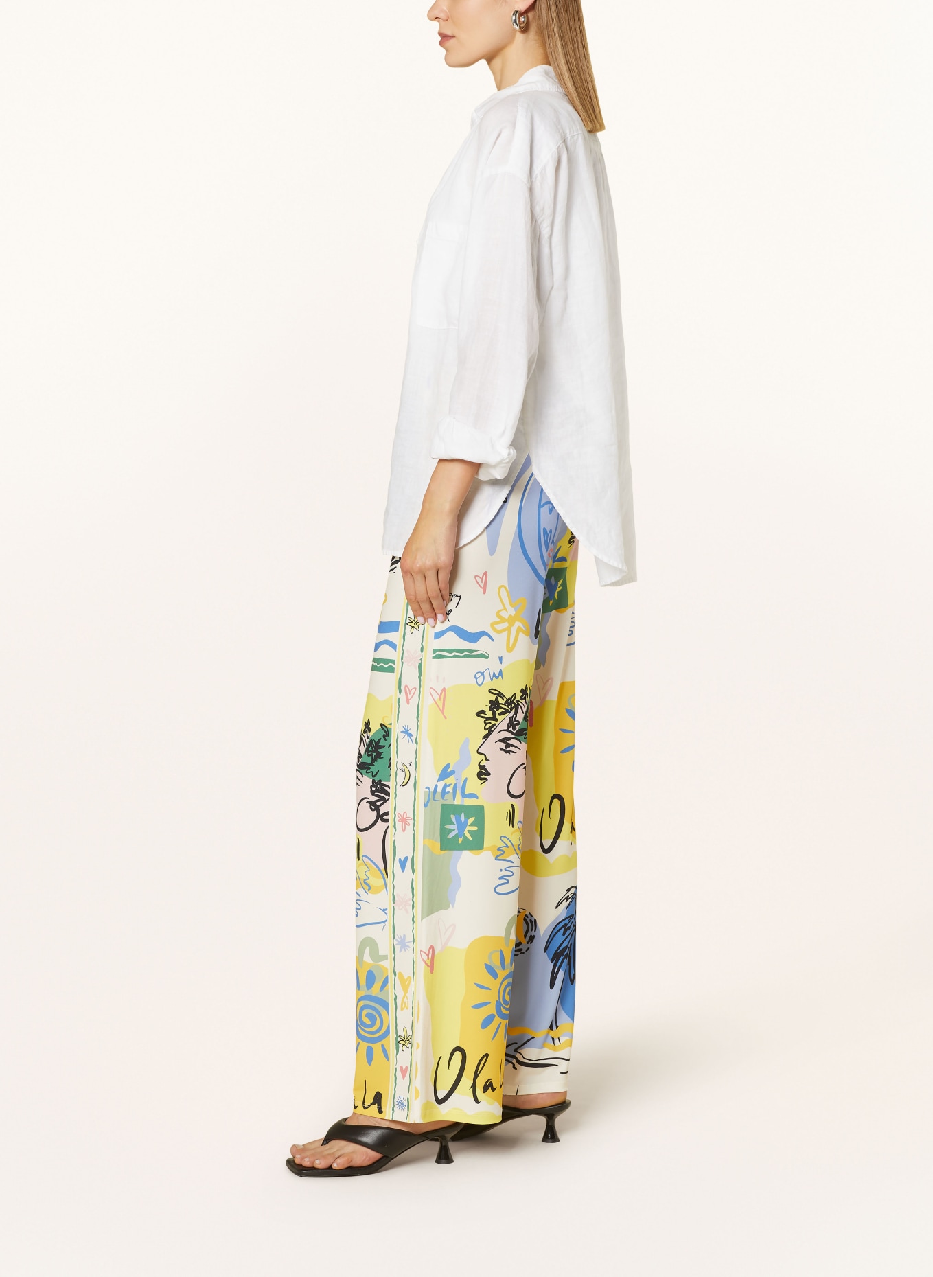 oui Wide leg trousers, Color: ECRU/ YELLOW/ BLUE (Image 4)