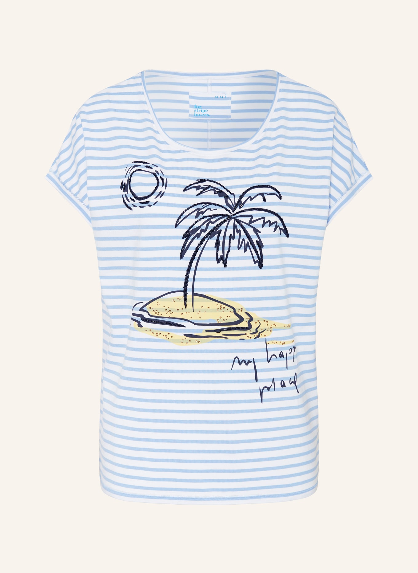 oui T-shirt with decorative gems and decorative beads, Color: CREAM/ LIGHT BLUE (Image 1)