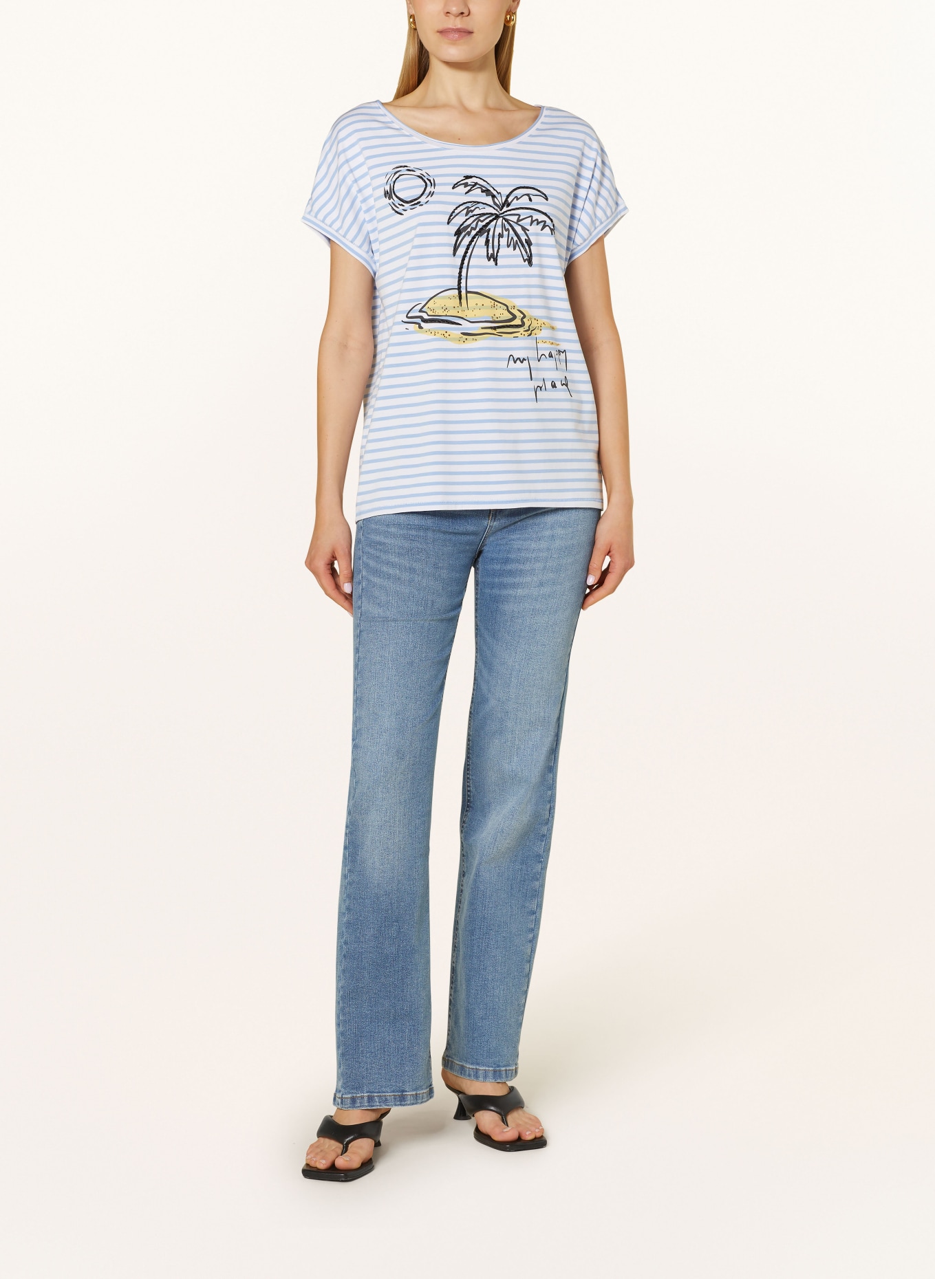 oui T-Shirt mit Schmucksteinen und Schmuckperlen, Farbe: CREME/ HELLBLAU (Bild 2)