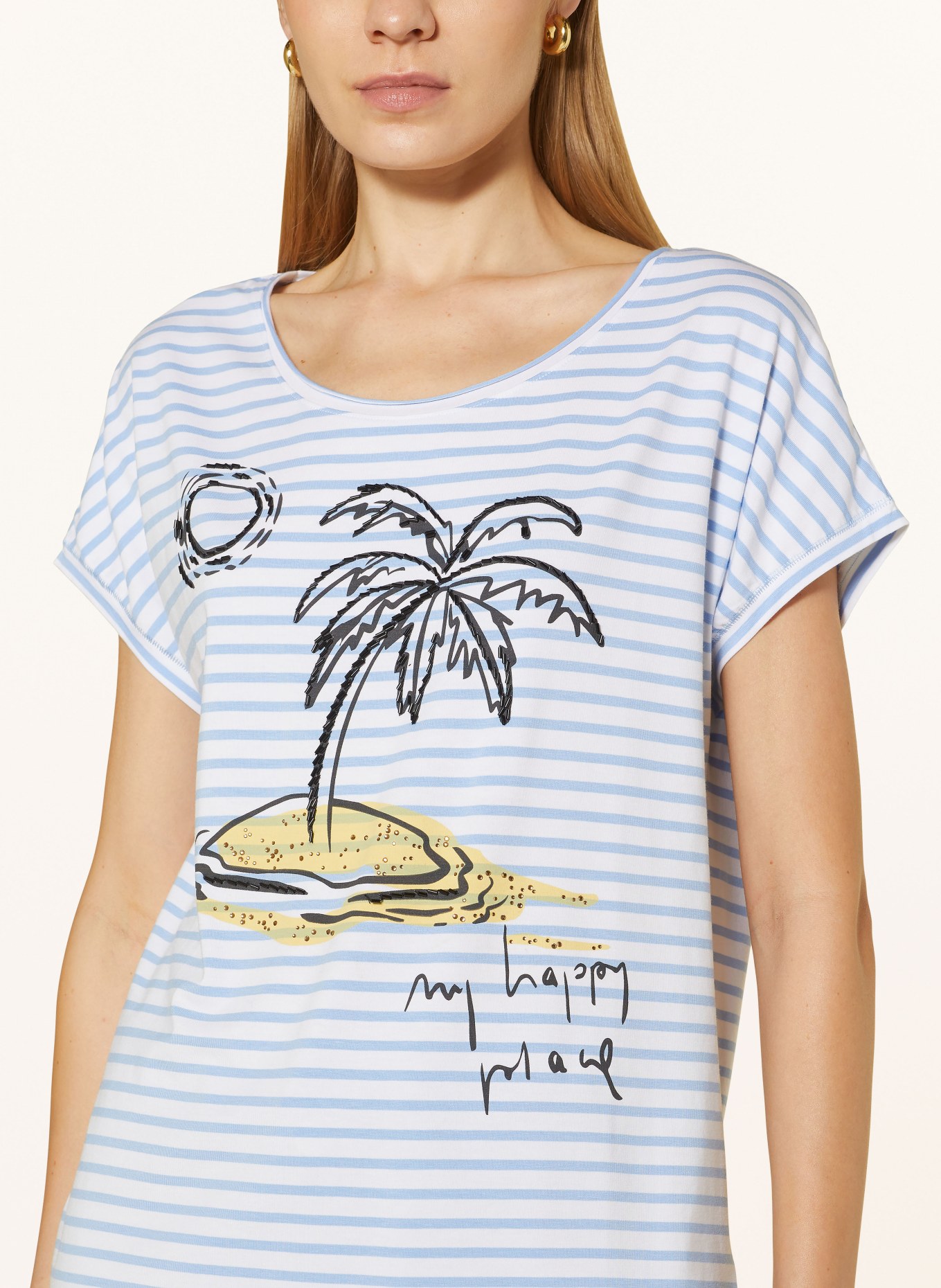 oui T-Shirt mit Schmucksteinen und Schmuckperlen, Farbe: CREME/ HELLBLAU (Bild 4)
