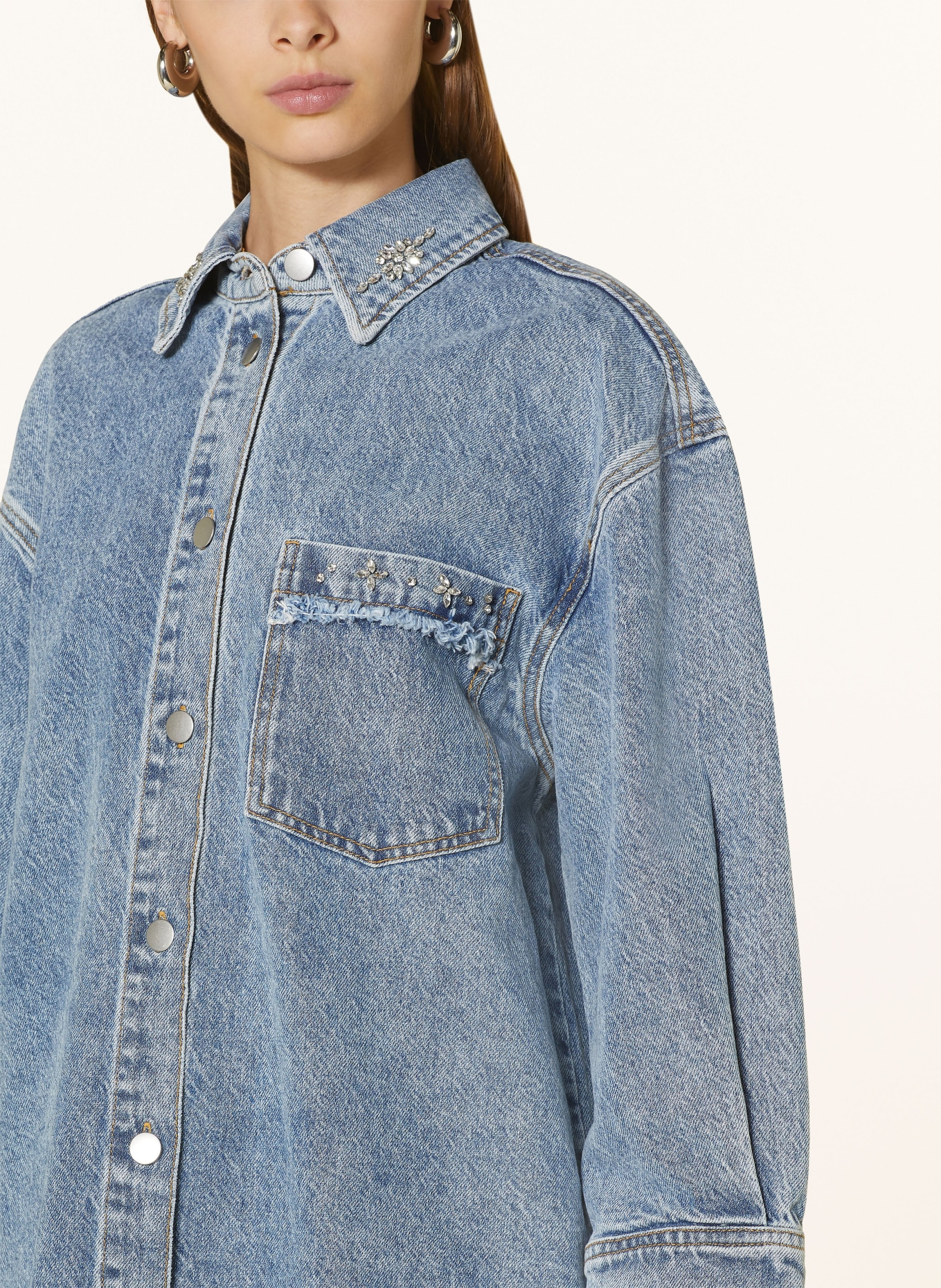 Y.A.S. Denim overshirt with 3/4 sleeves and decorative gems, Color: BLUE (Image 4)