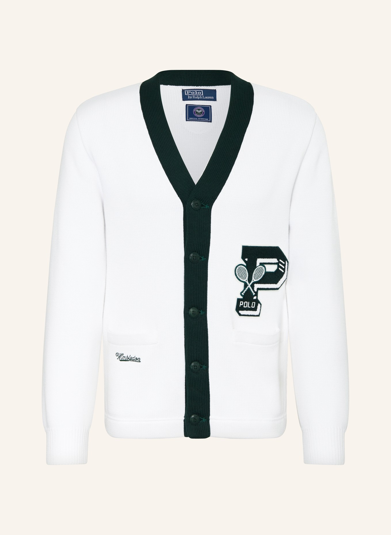 POLO RALPH LAUREN Cardigan with patches, Color: CREAM/ DARK GREEN (Image 1)