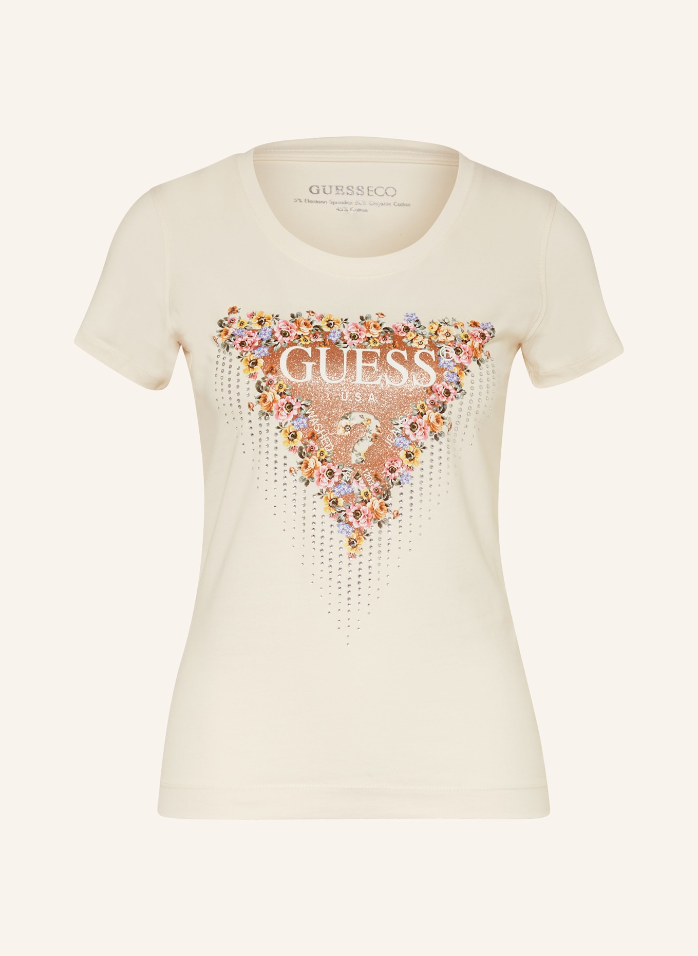 GUESS T-shirt z obszyciem ozdobnymi kamykami, Kolor: KREMOWY/ BRĄZOWY/ SREBRNY (Obrazek 1)