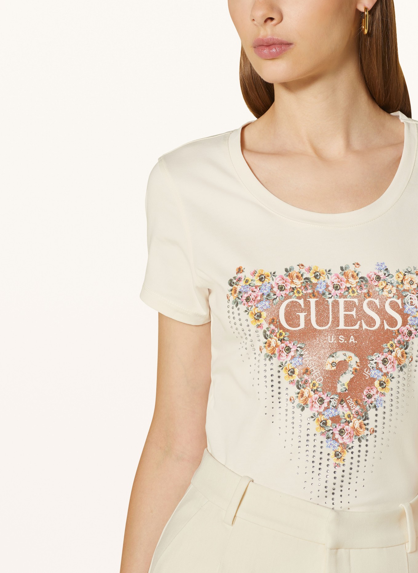 GUESS T-shirt with decorative gems, Color: CREAM/ BROWN/ SILVER (Image 4)