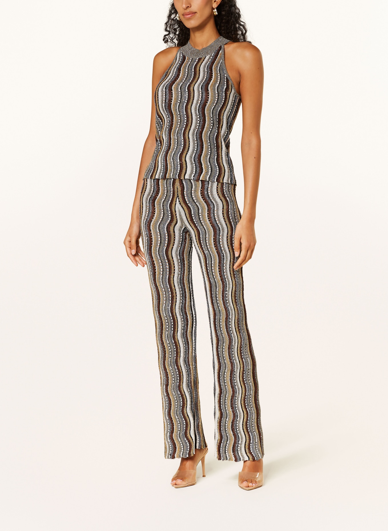 LUISA CERANO Spodnie z dzianiny z błyszczącą przędzą i cekinami: SZARY / BRĄZOWY / KREMOWY