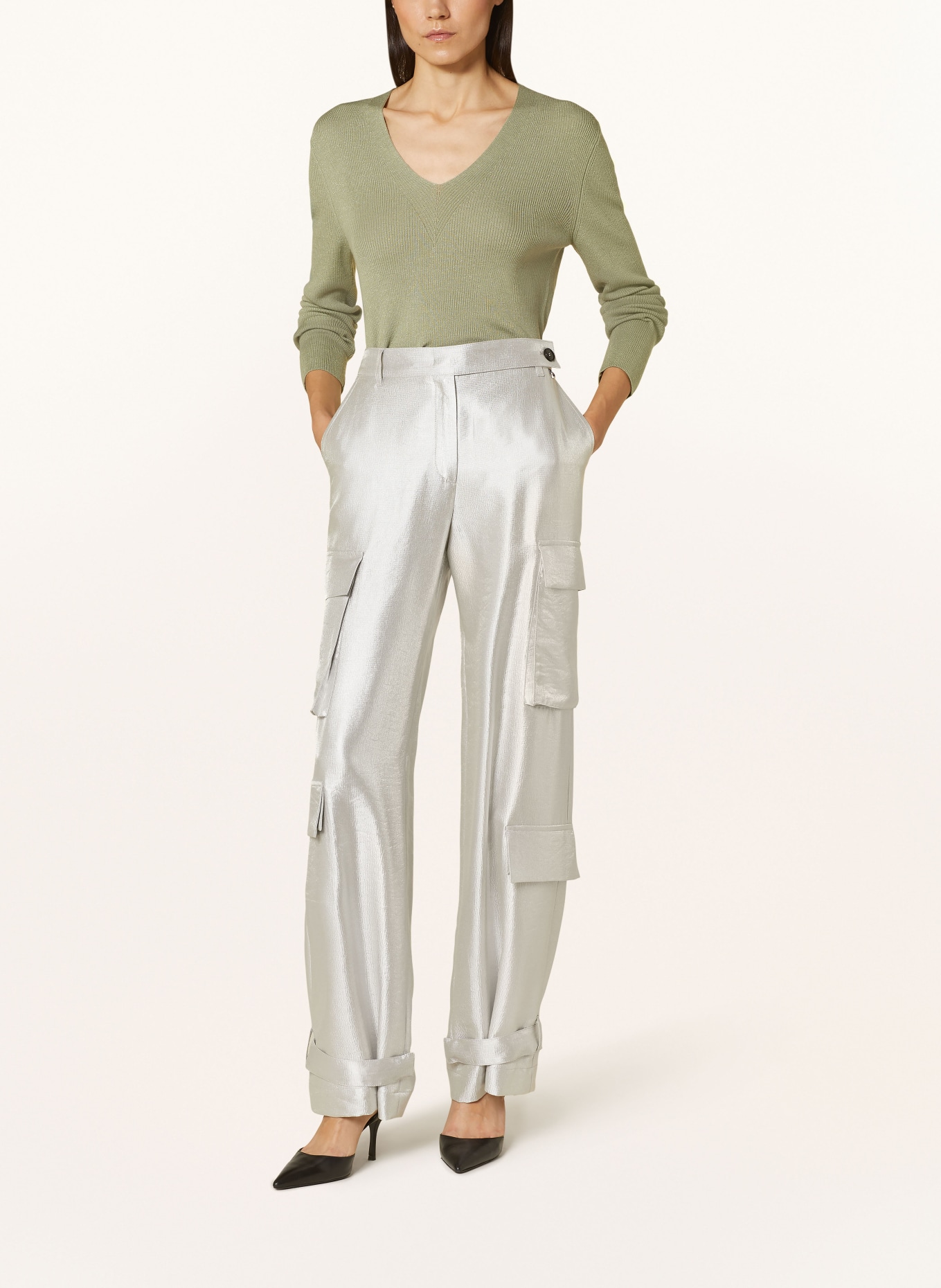 MARC CAIN Cargo pants WEIDA in satin: 800 silver